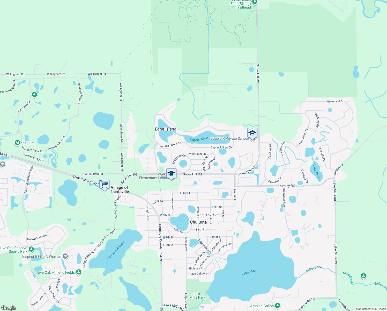 map of restaurants, bars, coffee shops, grocery stores, and more near 521 Wax Palm Ln in Chuluota