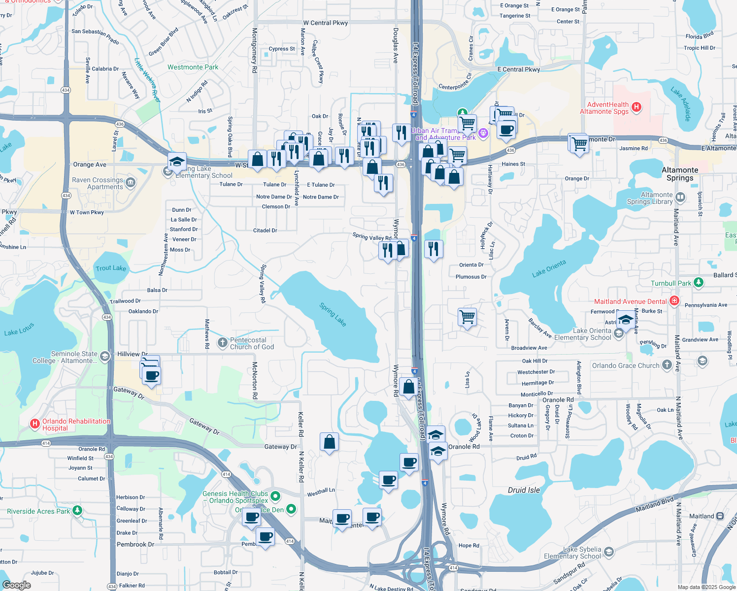 map of restaurants, bars, coffee shops, grocery stores, and more near 248 Maison Court in Altamonte Springs