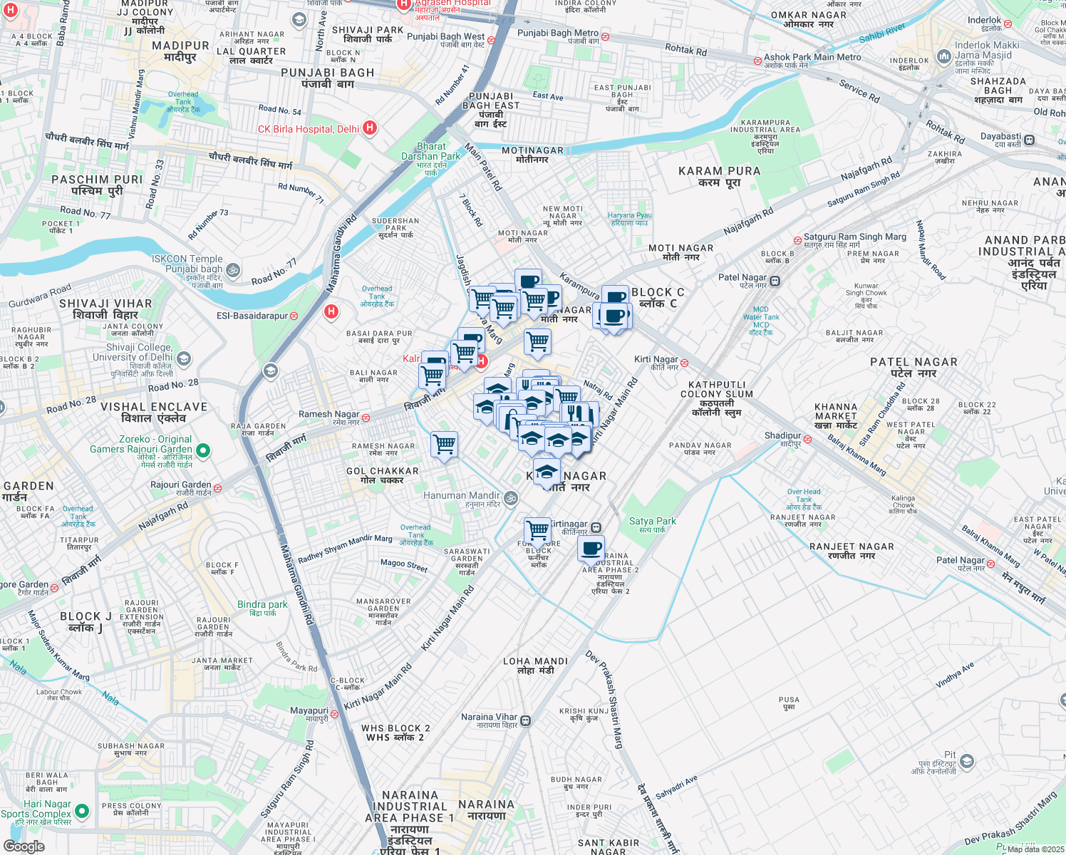 map of restaurants, bars, coffee shops, grocery stores, and more near in Delhi