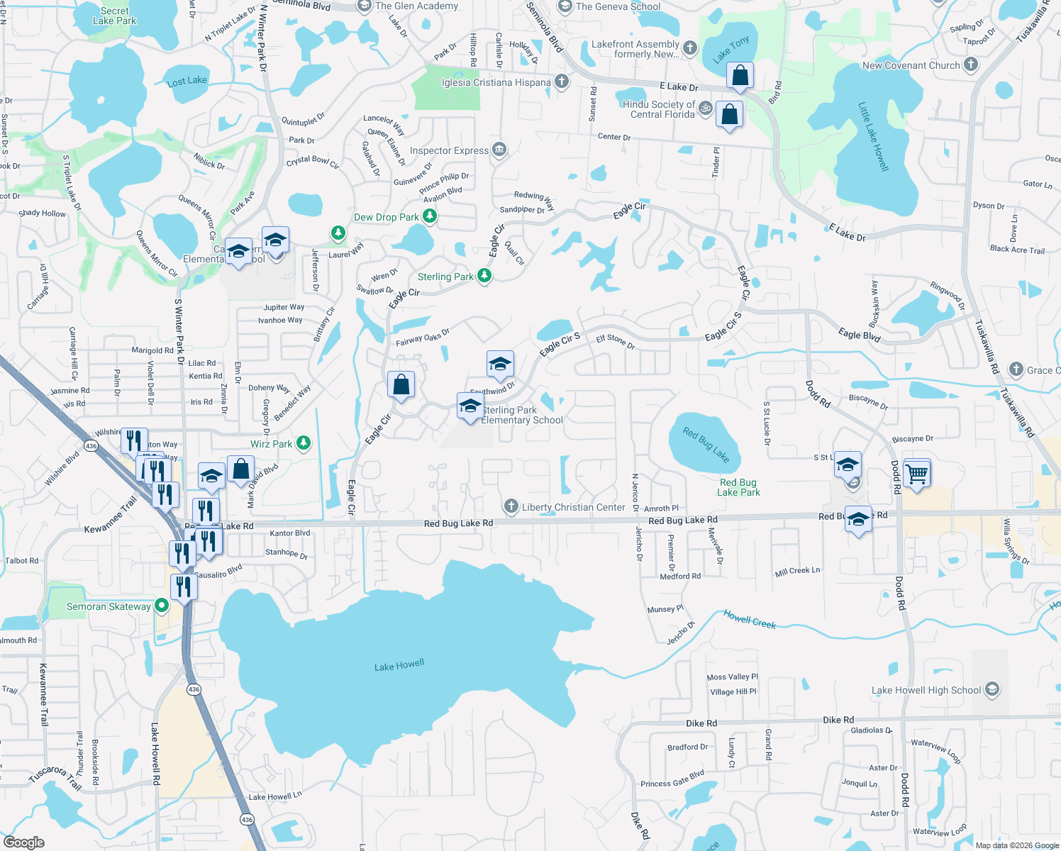 map of restaurants, bars, coffee shops, grocery stores, and more near 456 Copperstone Circle in Casselberry