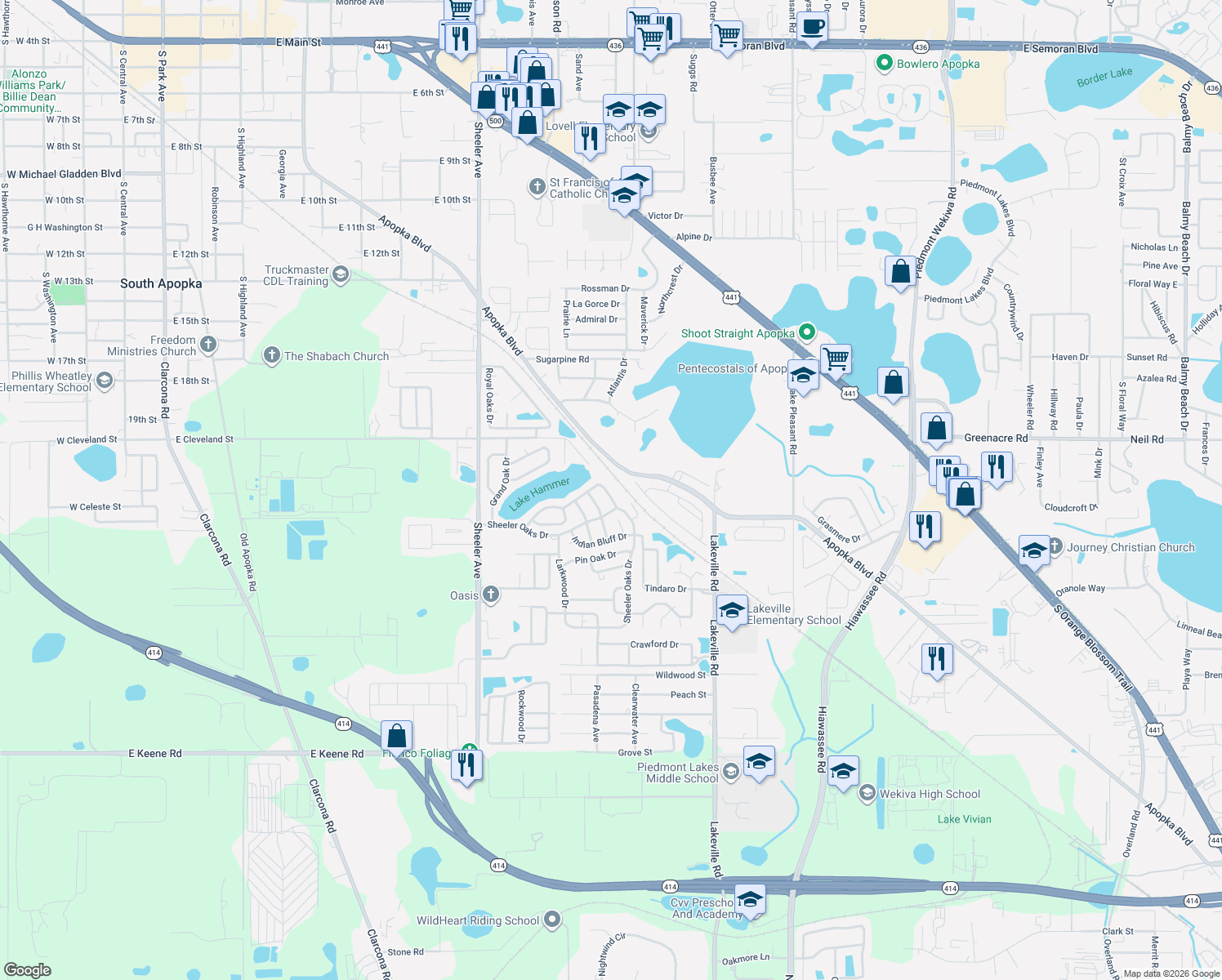 map of restaurants, bars, coffee shops, grocery stores, and more near 1769 Saddleback Ridge Road in Apopka