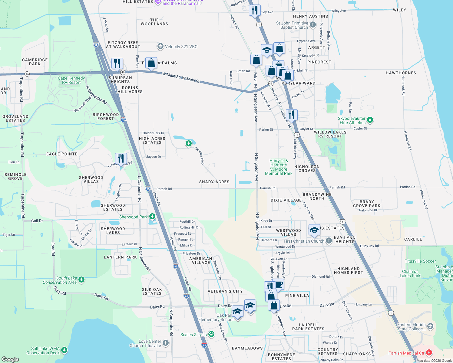 map of restaurants, bars, coffee shops, grocery stores, and more near 3563 Ridgeway Avenue in Mims