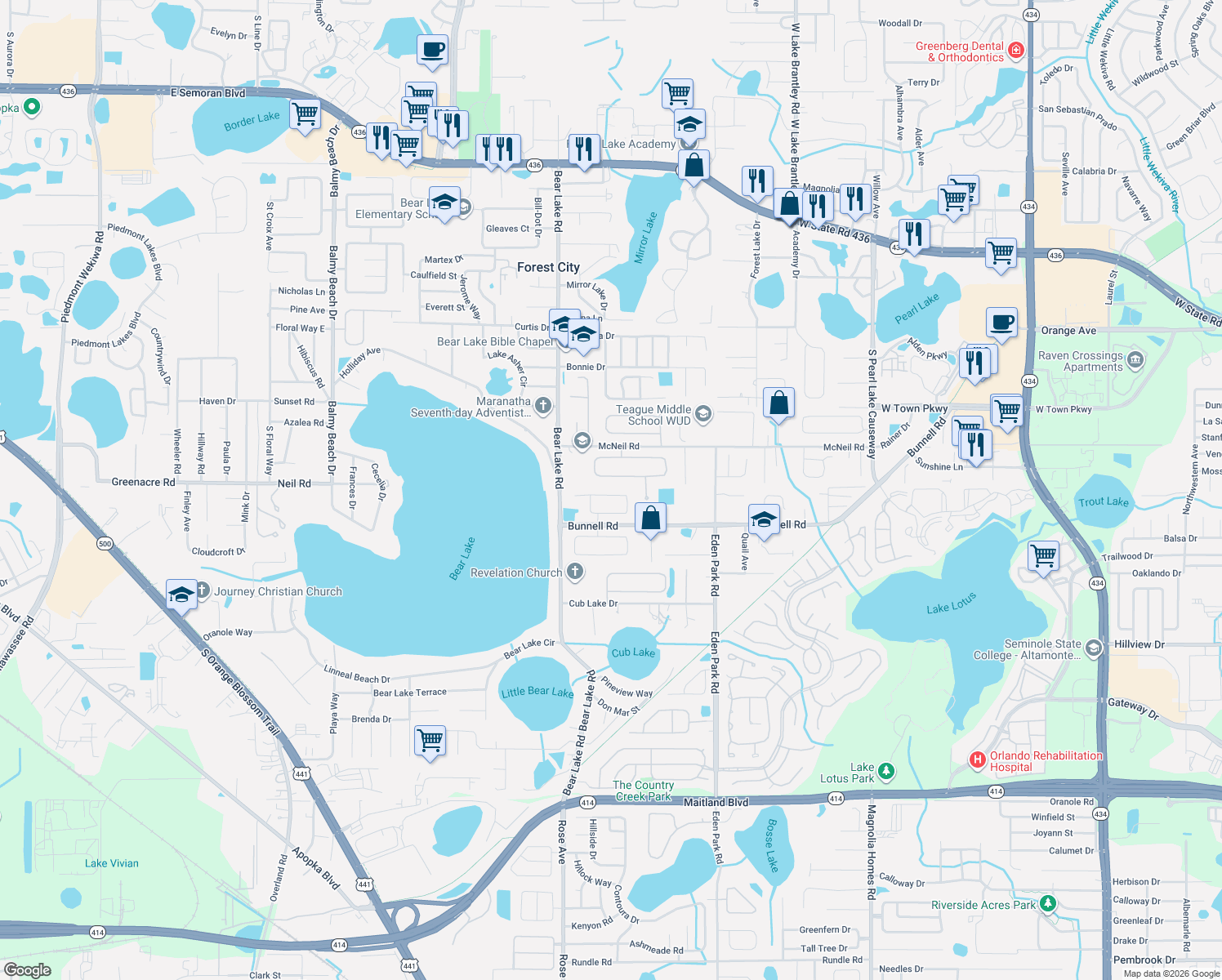 map of restaurants, bars, coffee shops, grocery stores, and more near 1652 Bear Crossing Circle in Apopka