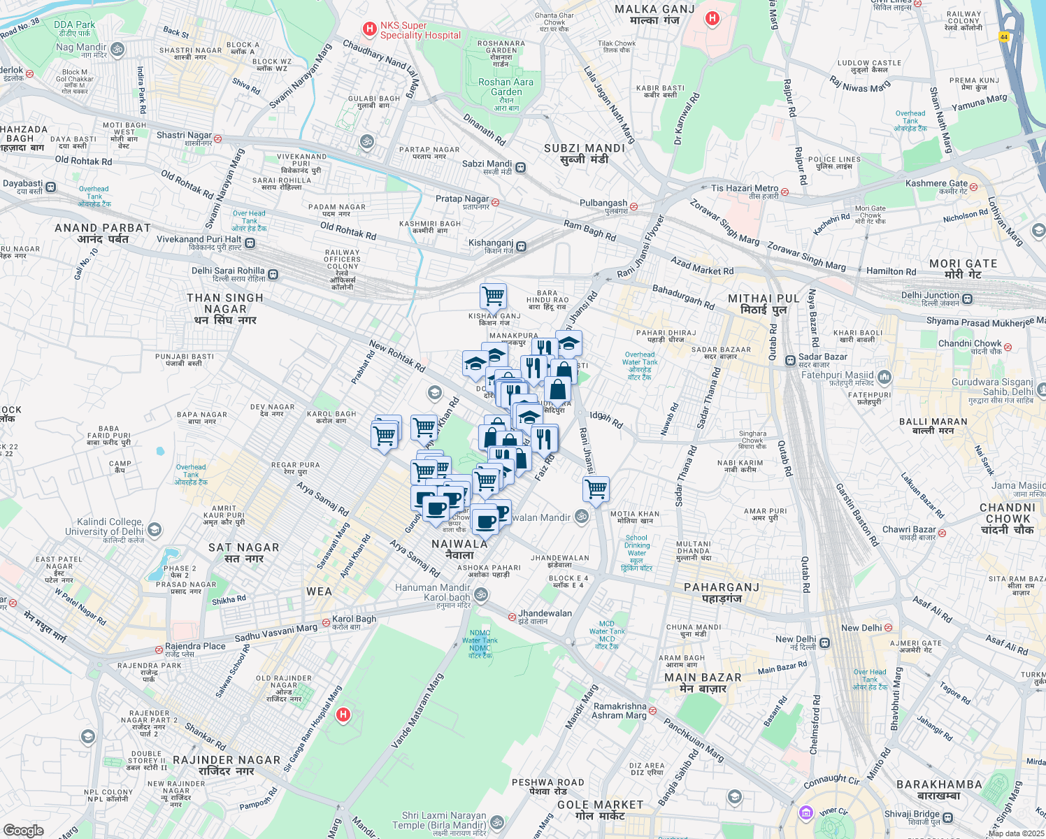 map of restaurants, bars, coffee shops, grocery stores, and more near 1 New Rohtak Road in New Delhi