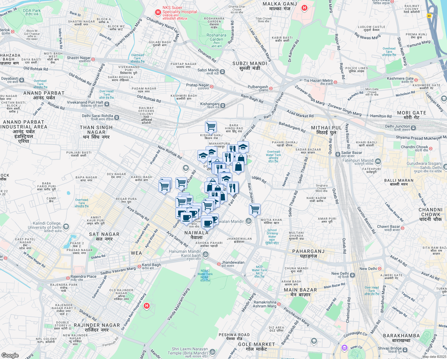 map of restaurants, bars, coffee shops, grocery stores, and more near 1 New Rohtak Road in New Delhi