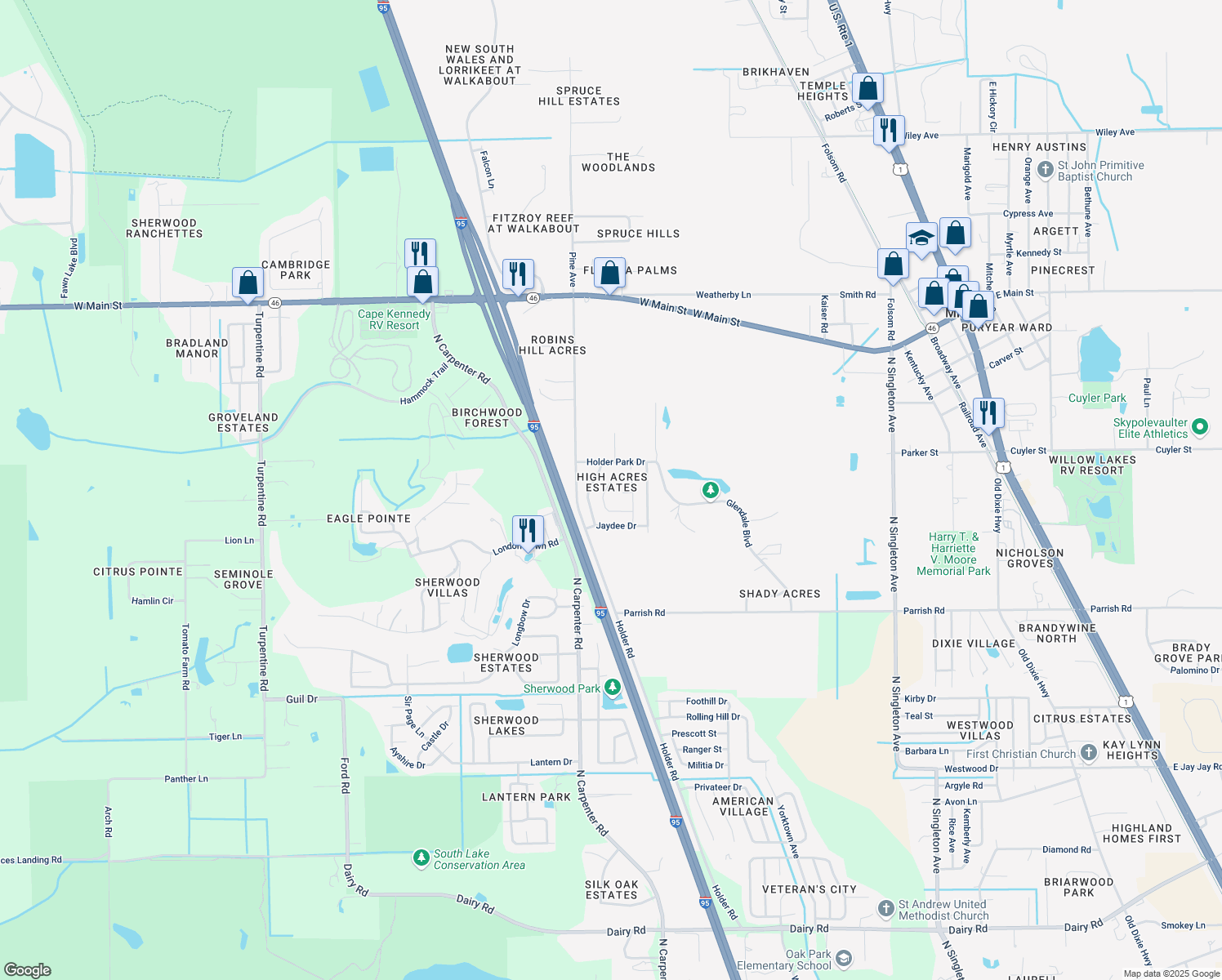 map of restaurants, bars, coffee shops, grocery stores, and more near 2136 Trieste Dr in Mims