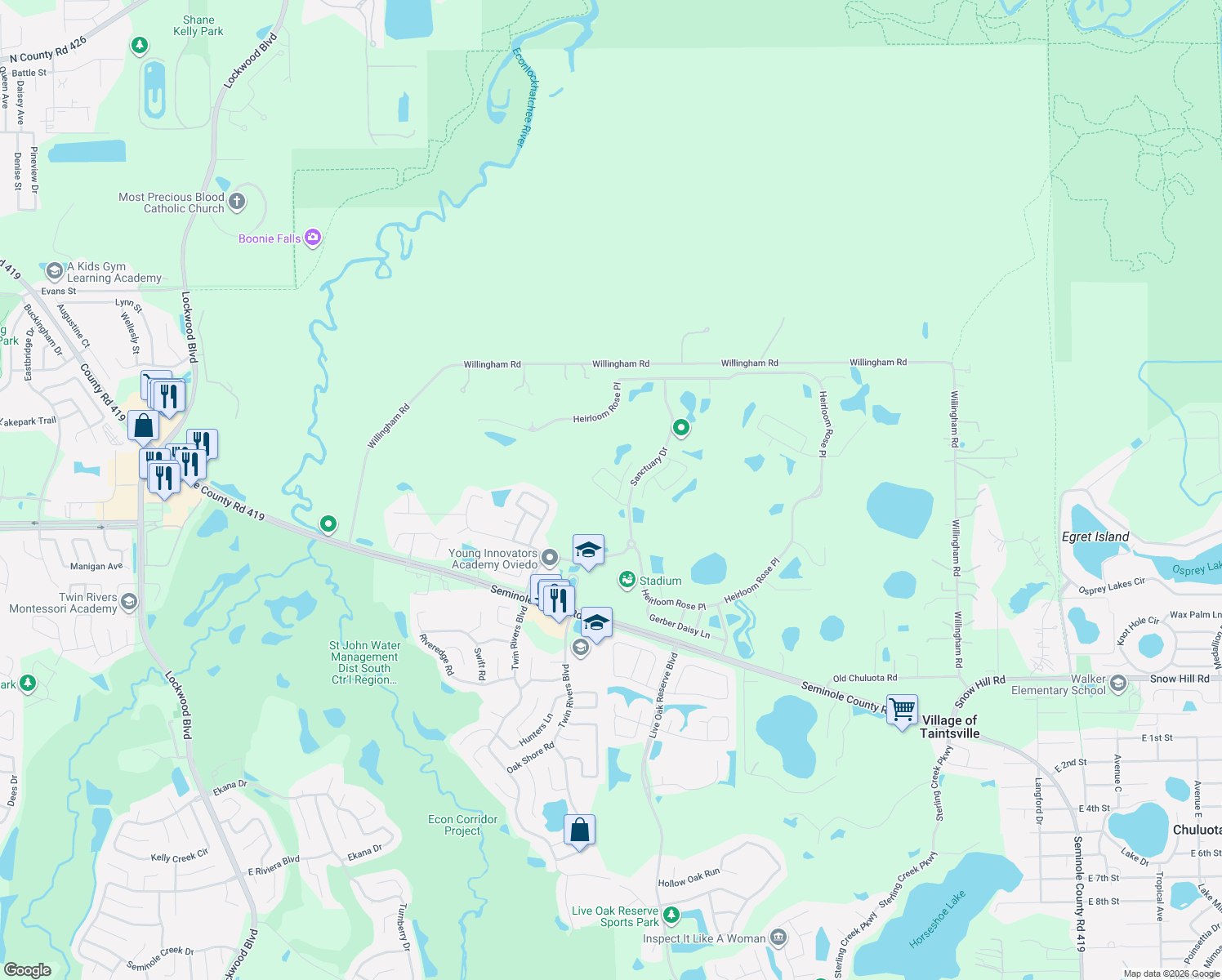 map of restaurants, bars, coffee shops, grocery stores, and more near 3235 Open Meadow Loop in Oviedo