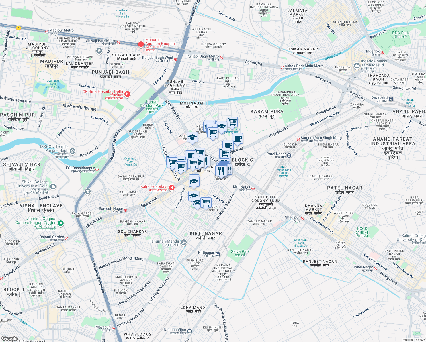 map of restaurants, bars, coffee shops, grocery stores, and more near 68 Najafgarh Road in New Delhi
