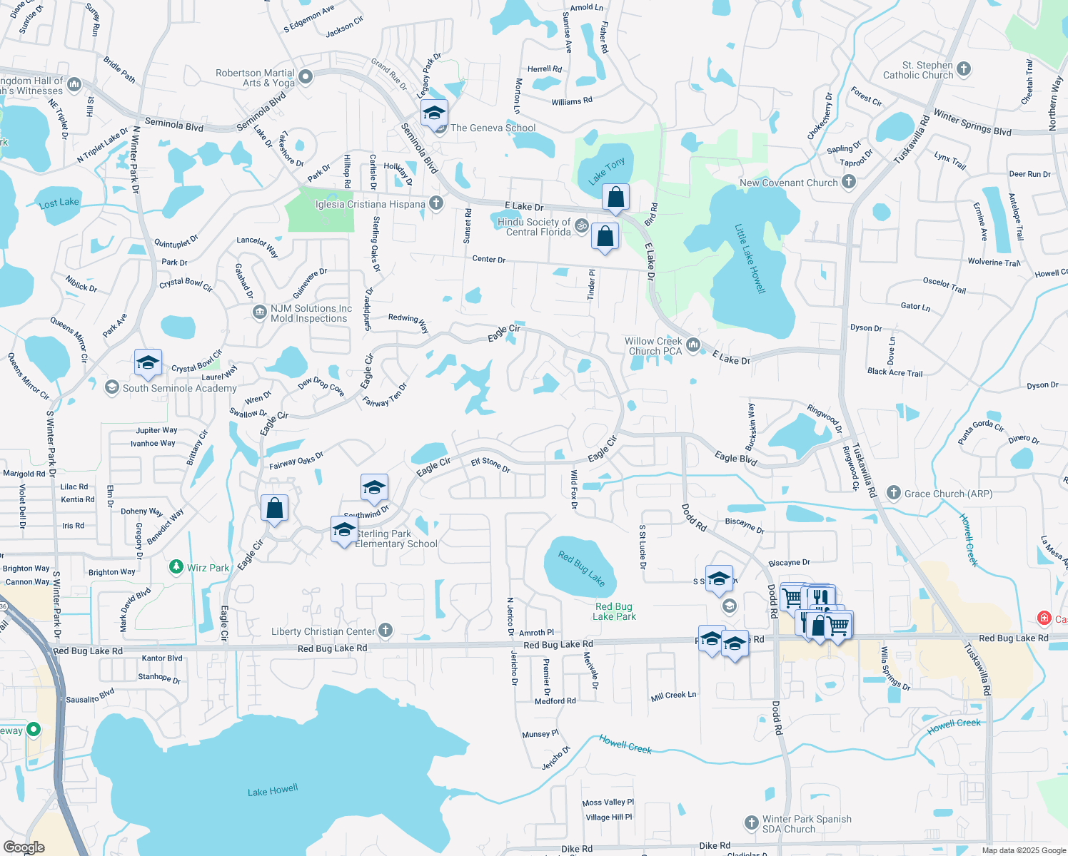 map of restaurants, bars, coffee shops, grocery stores, and more near 1630 Augusta Way in Casselberry