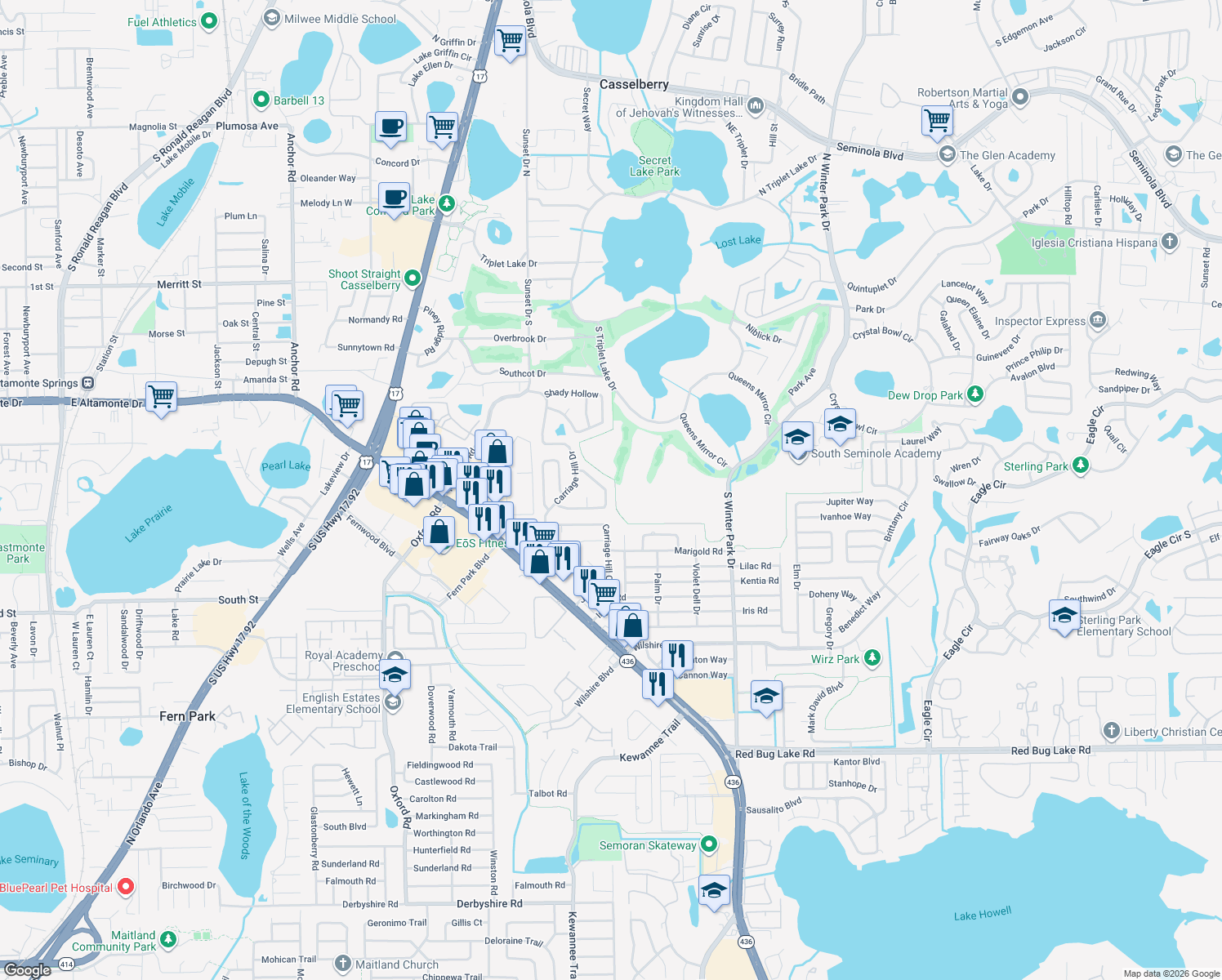 map of restaurants, bars, coffee shops, grocery stores, and more near 31 Apple Hill Hollow in Casselberry