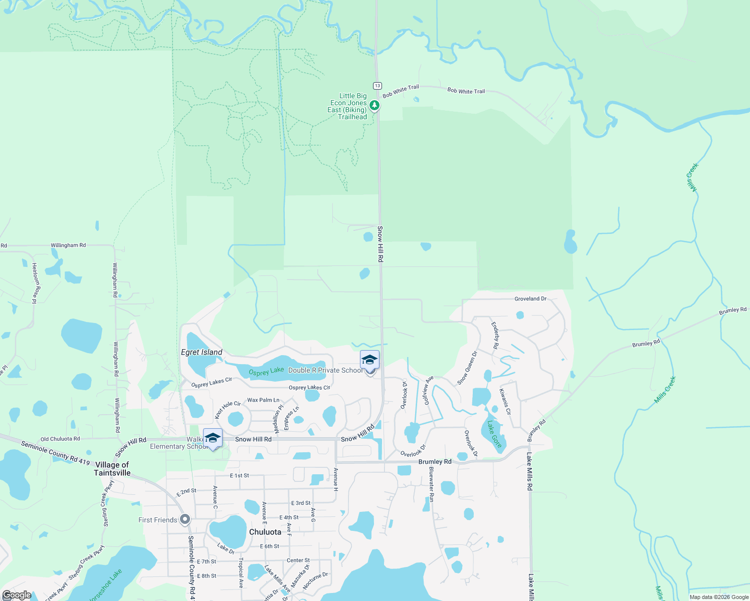 map of restaurants, bars, coffee shops, grocery stores, and more near 2370 Snow Hill Road in Chuluota