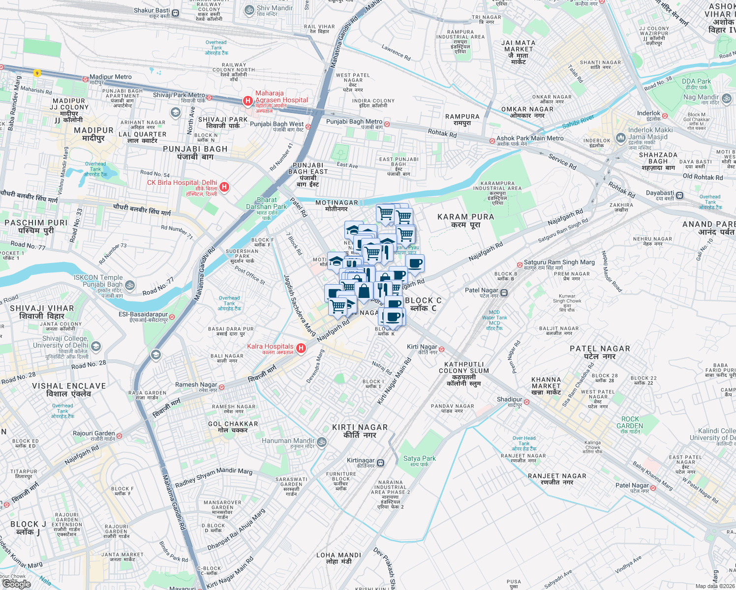 map of restaurants, bars, coffee shops, grocery stores, and more near Karampura Flyover in New Delhi