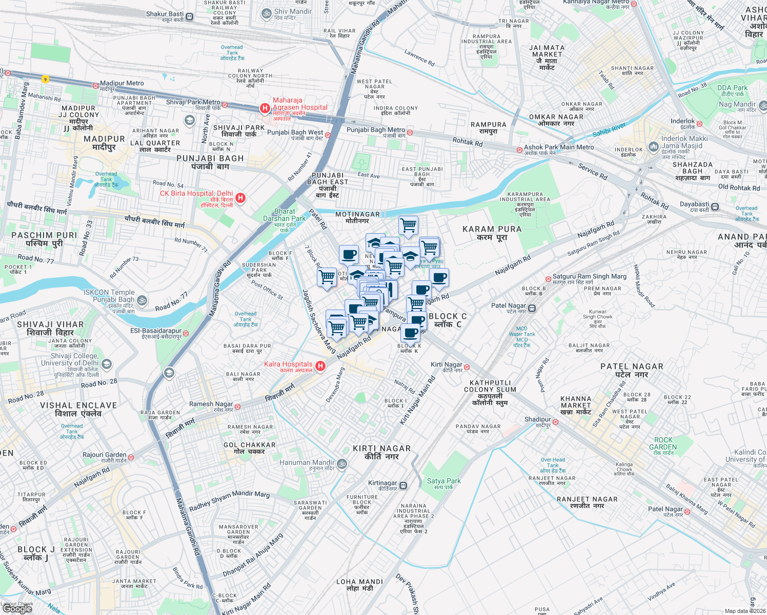 map of restaurants, bars, coffee shops, grocery stores, and more near Karampura Flyover in New Delhi