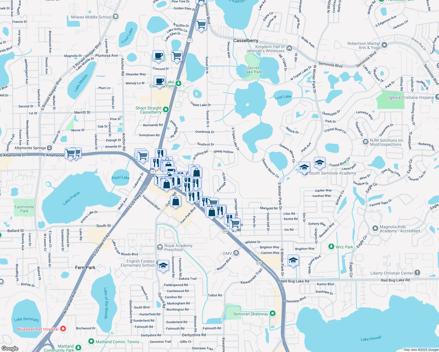 map of restaurants, bars, coffee shops, grocery stores, and more near 32 Bayberry Branch in Casselberry
