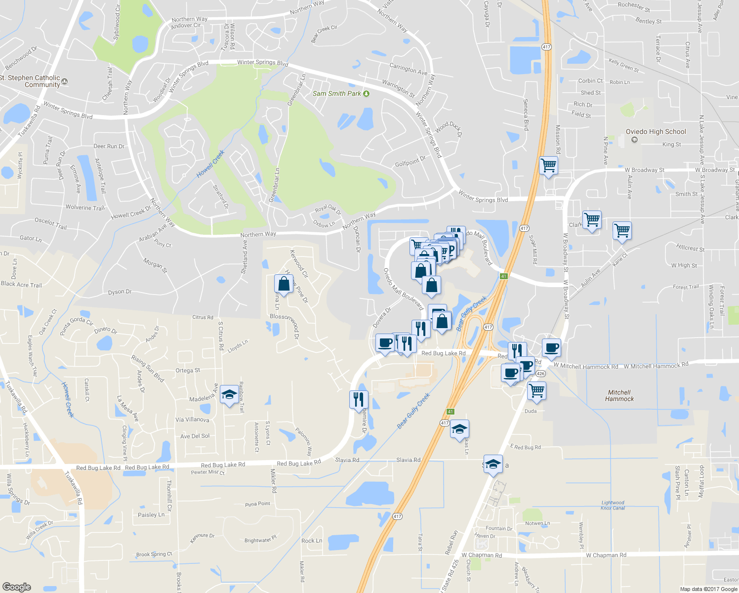map of restaurants, bars, coffee shops, grocery stores, and more near 727 Amberly Jewel Way in Oviedo