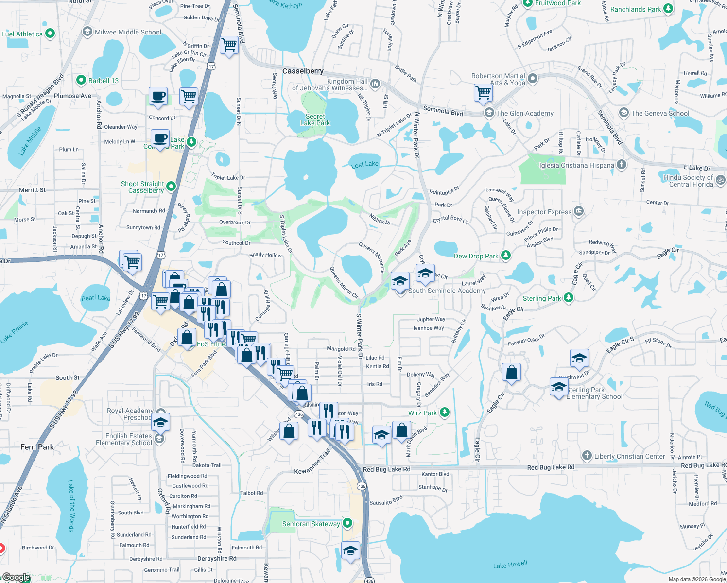 map of restaurants, bars, coffee shops, grocery stores, and more near 180 South Winter Park Drive in Casselberry