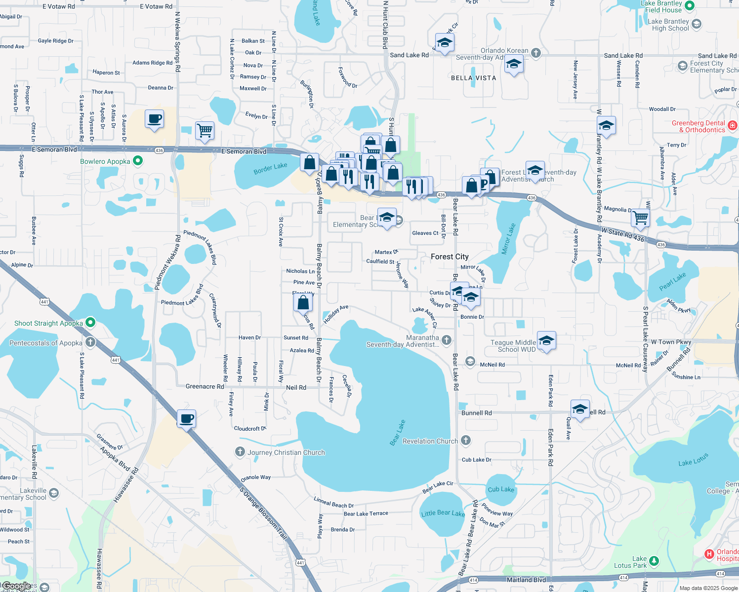 map of restaurants, bars, coffee shops, grocery stores, and more near 3200 Curtis Drive in Apopka