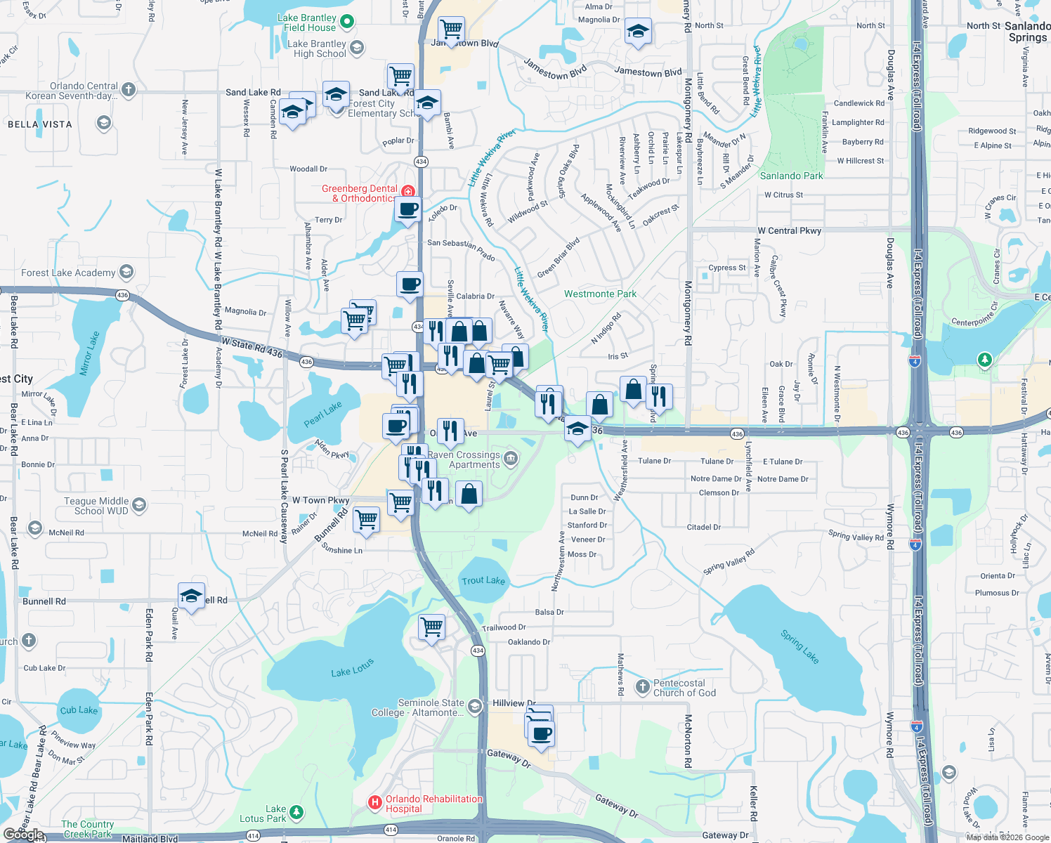 map of restaurants, bars, coffee shops, grocery stores, and more near 740 Orange Avenue in Altamonte Springs