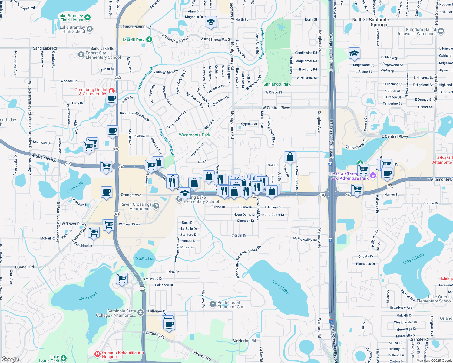map of restaurants, bars, coffee shops, grocery stores, and more near 510 Derby Dr in Altamonte Springs