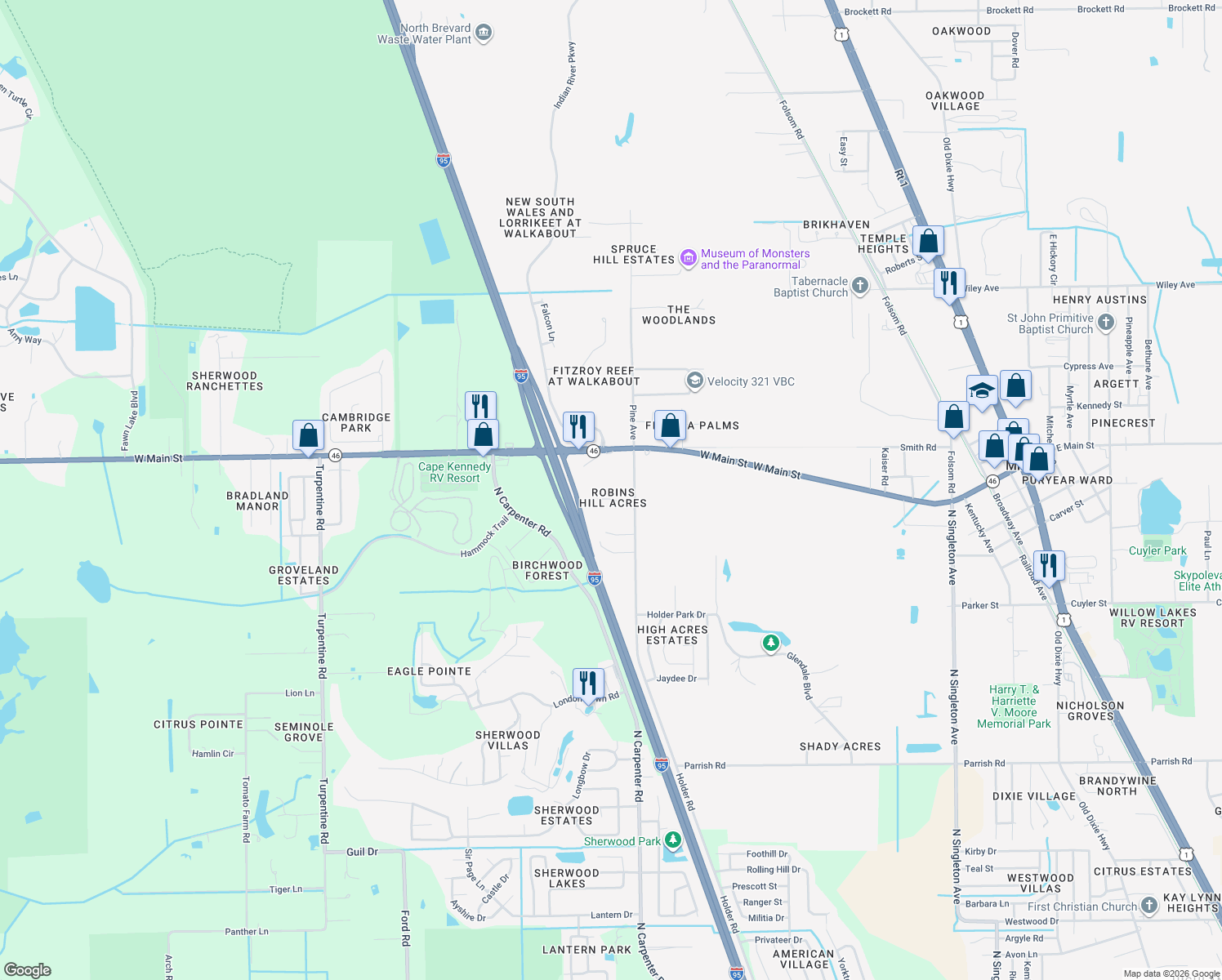 map of restaurants, bars, coffee shops, grocery stores, and more near 4230 Robins Hill Court in Mims
