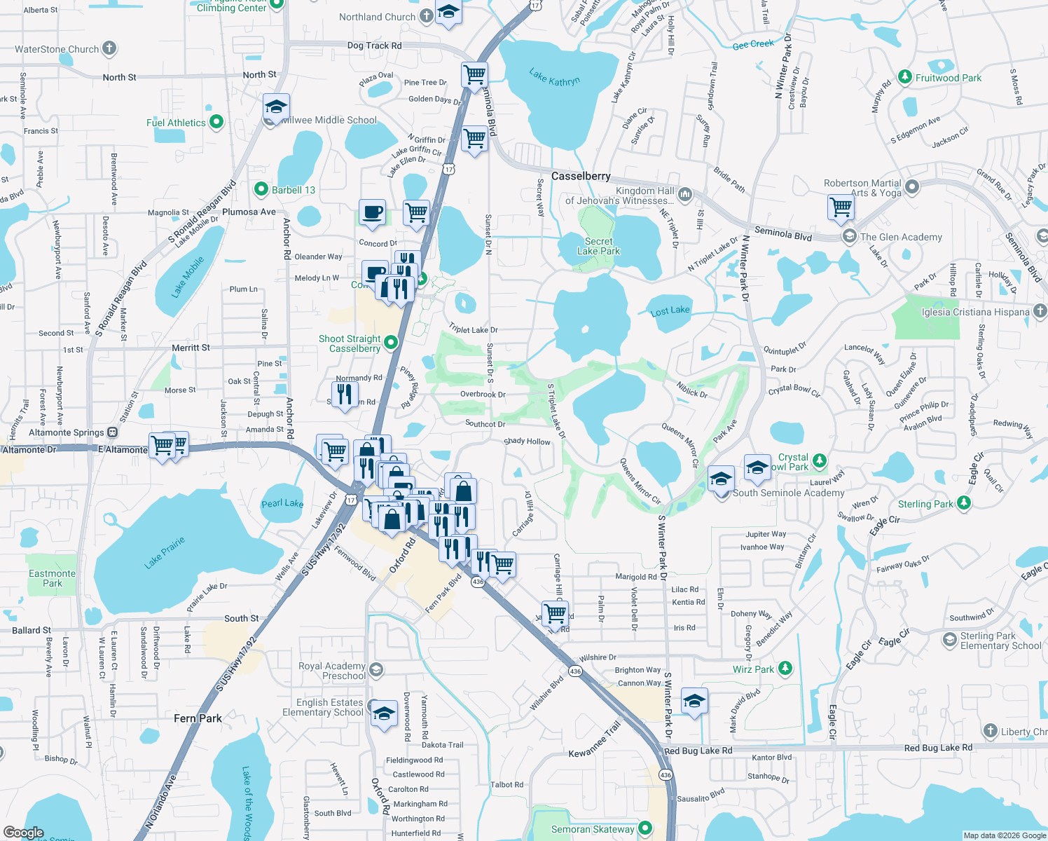 map of restaurants, bars, coffee shops, grocery stores, and more near 295 Southcot Drive in Casselberry