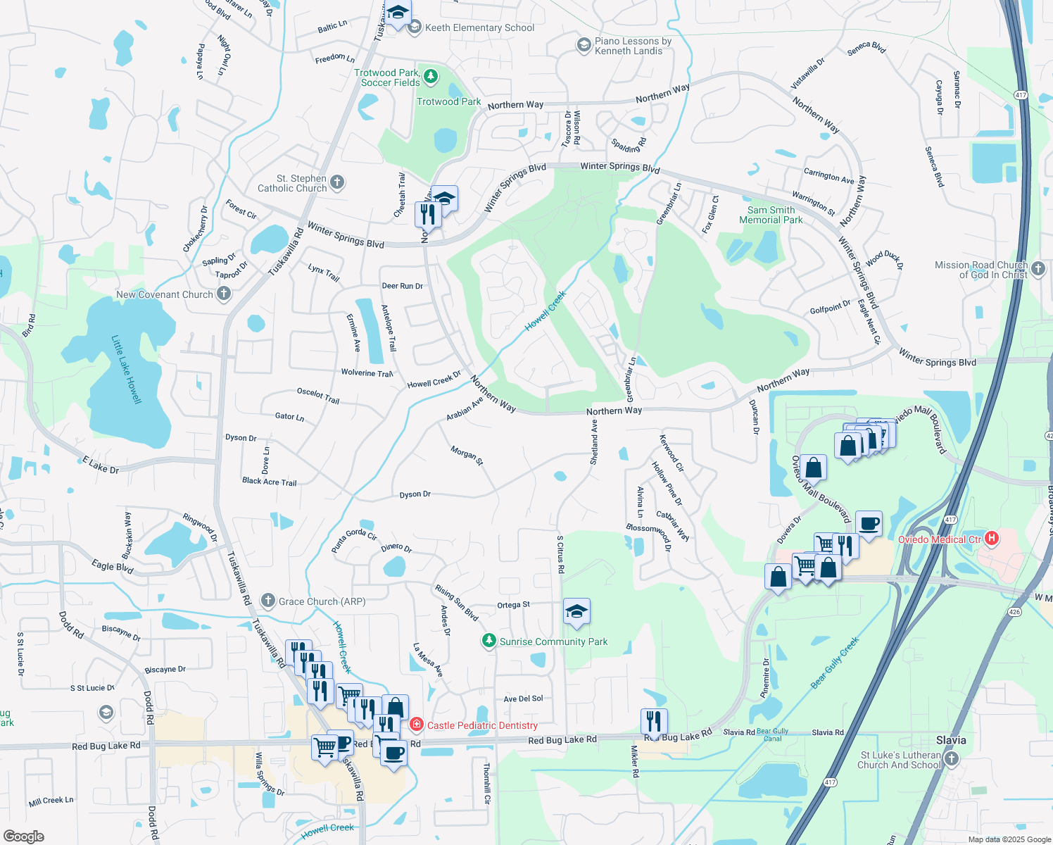 map of restaurants, bars, coffee shops, grocery stores, and more near 1033 Northern Way in Winter Springs