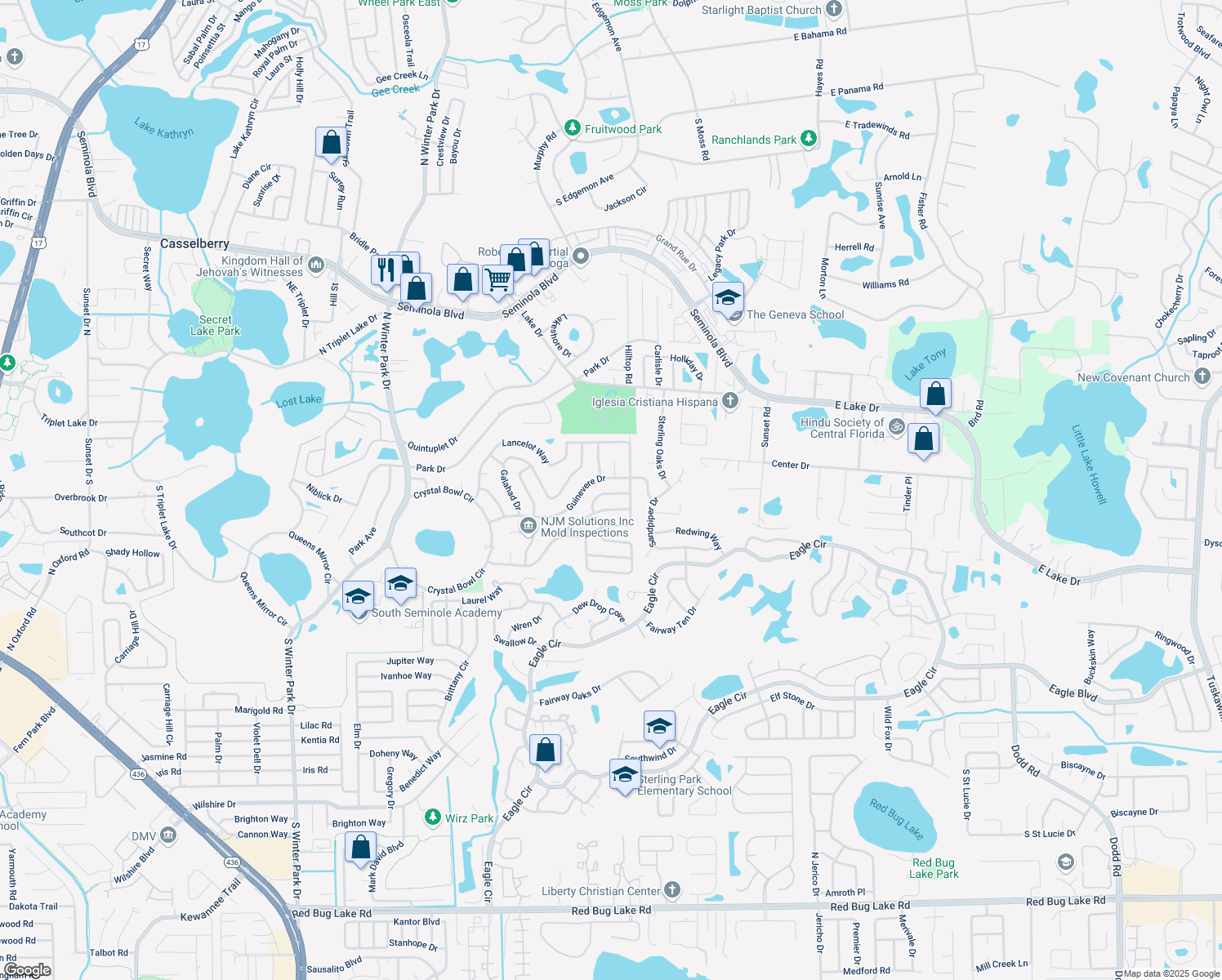 map of restaurants, bars, coffee shops, grocery stores, and more near 1462 Benwick Way in Casselberry