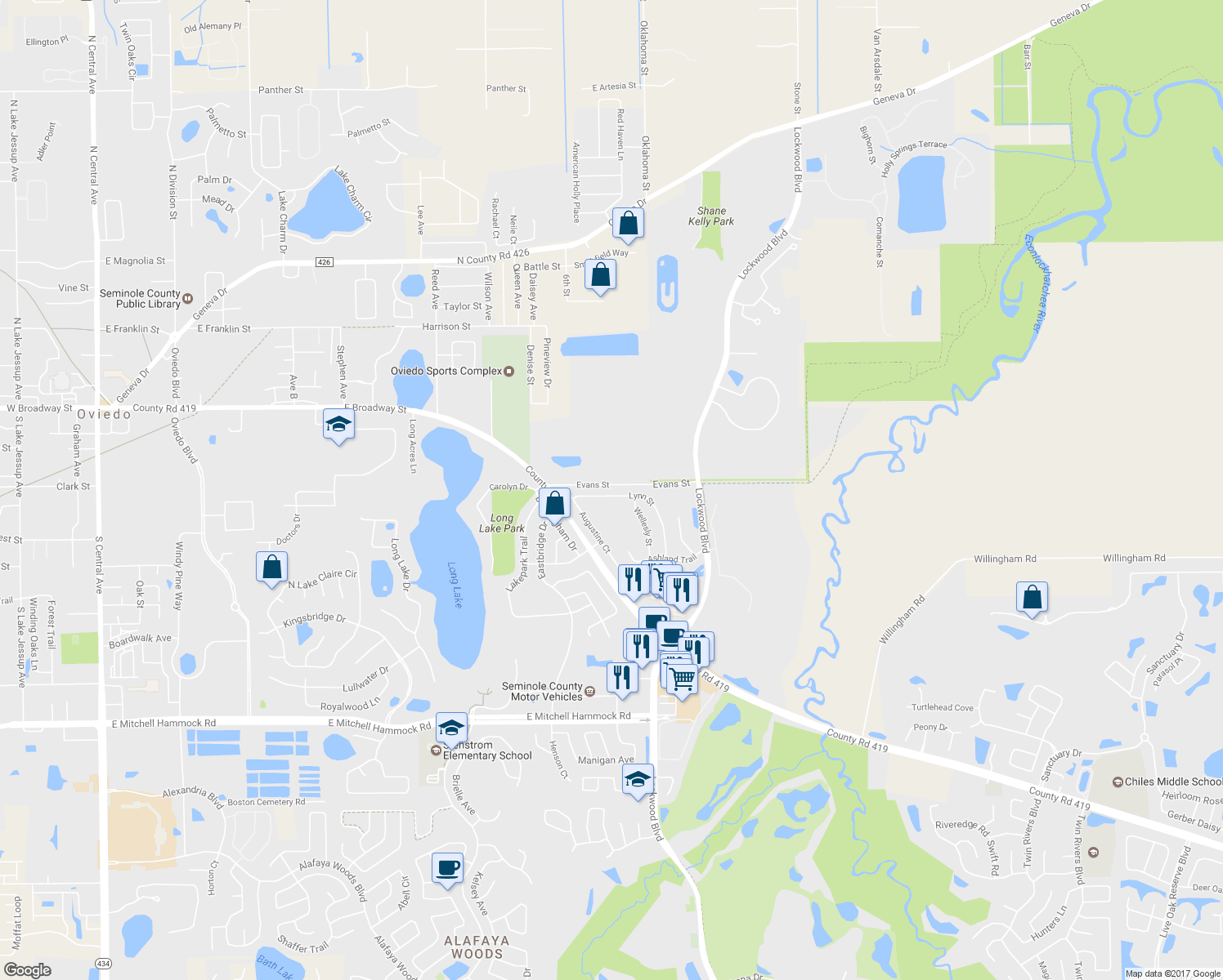 map of restaurants, bars, coffee shops, grocery stores, and more near 281 Lynn Street in Oviedo