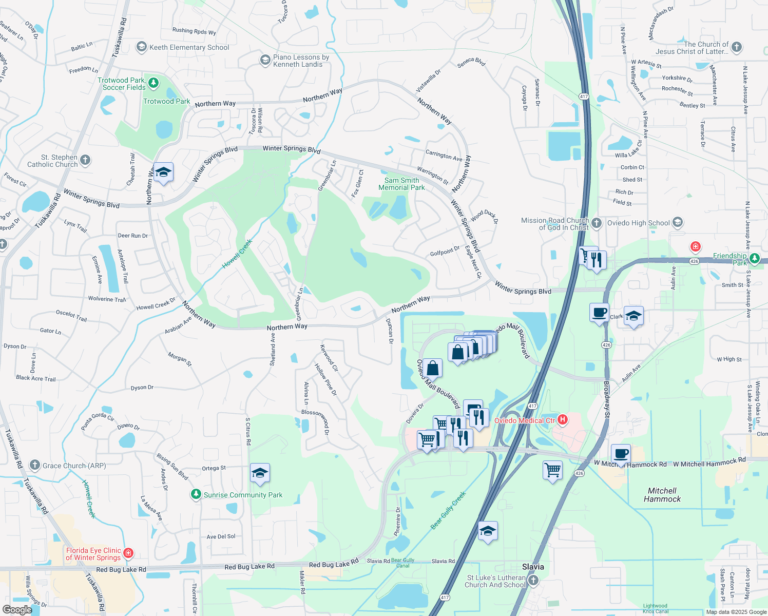 map of restaurants, bars, coffee shops, grocery stores, and more near 1214 Northern Way in Winter Springs