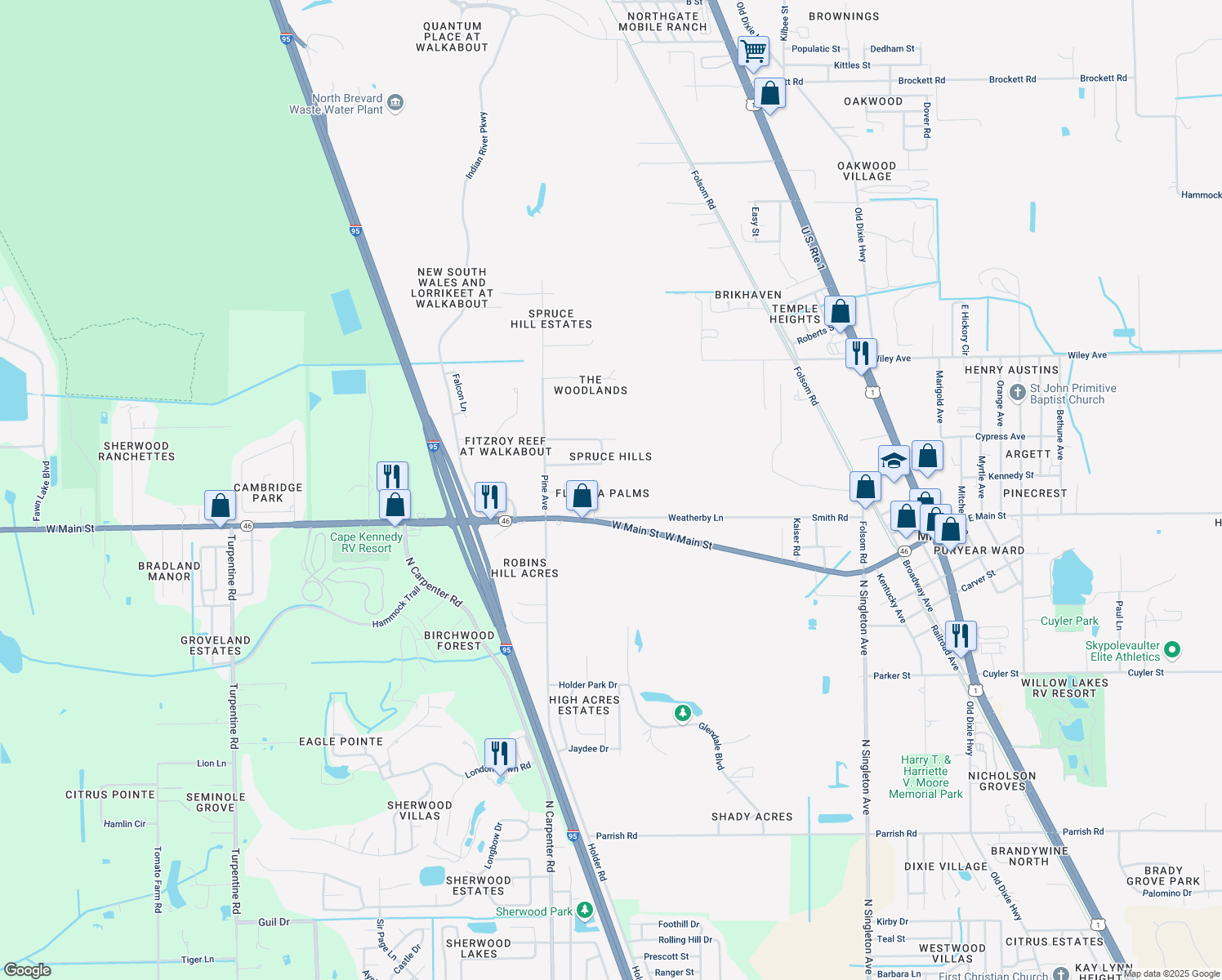 map of restaurants, bars, coffee shops, grocery stores, and more near 4016 Center Street in Mims