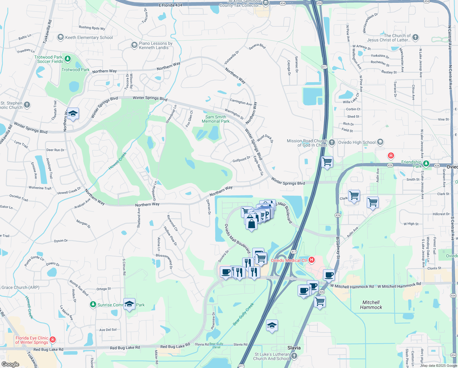 map of restaurants, bars, coffee shops, grocery stores, and more near 1224 Northern Way in Winter Springs