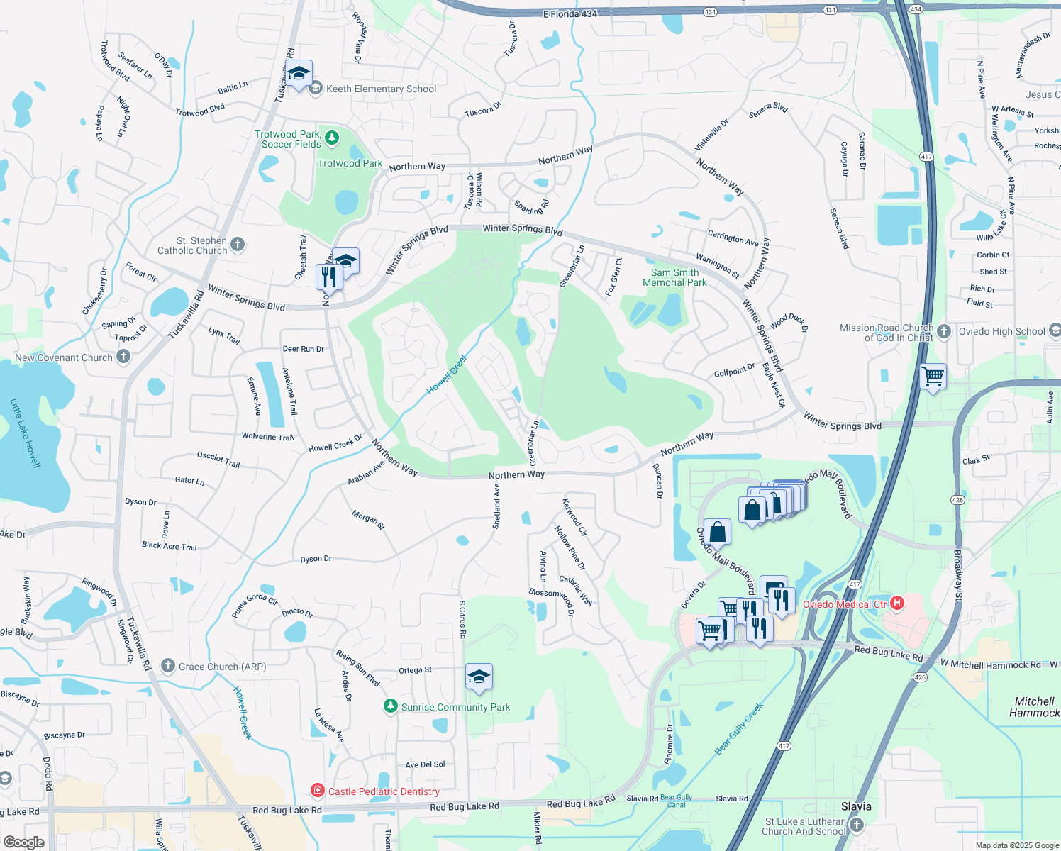 map of restaurants, bars, coffee shops, grocery stores, and more near 969 Troon Trce in Winter Springs
