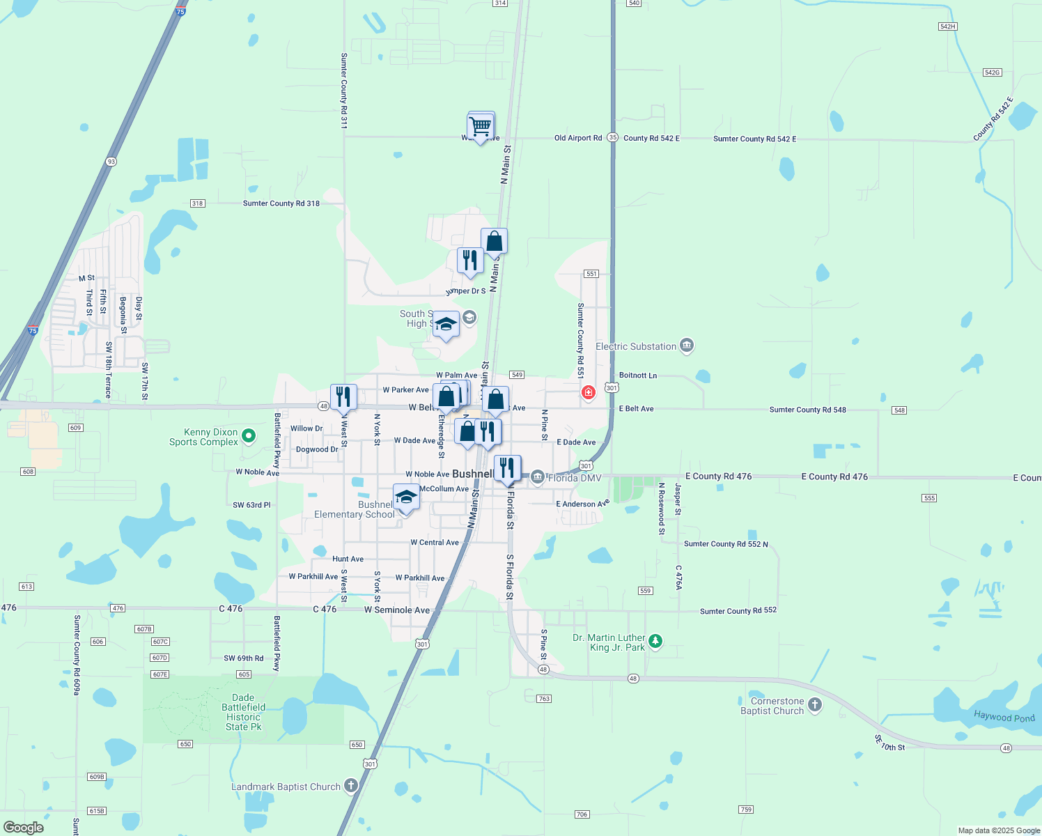 map of restaurants, bars, coffee shops, grocery stores, and more near 208 East Vermont Avenue in Bushnell