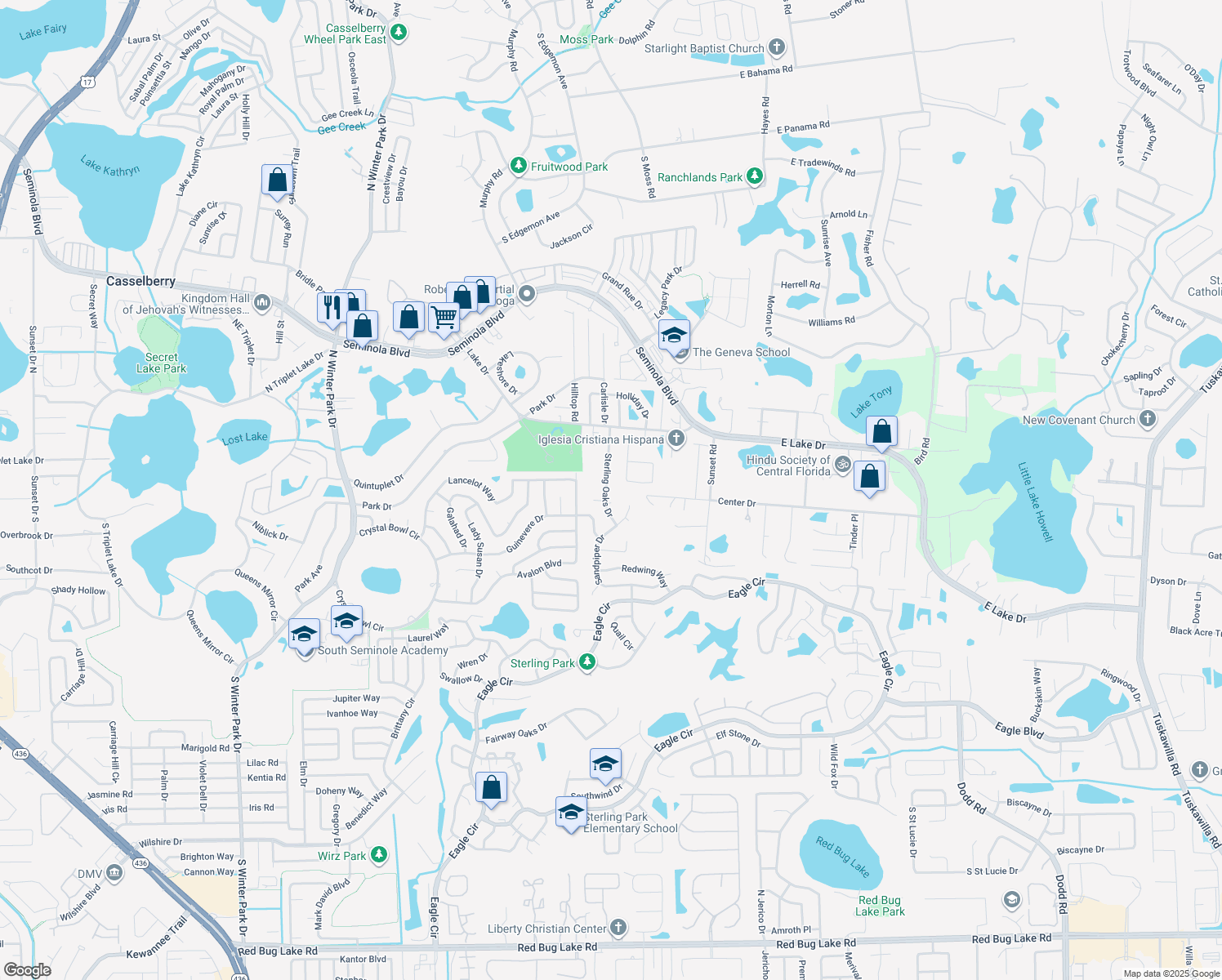 map of restaurants, bars, coffee shops, grocery stores, and more near 1325 Sterling Oaks Drive in Casselberry