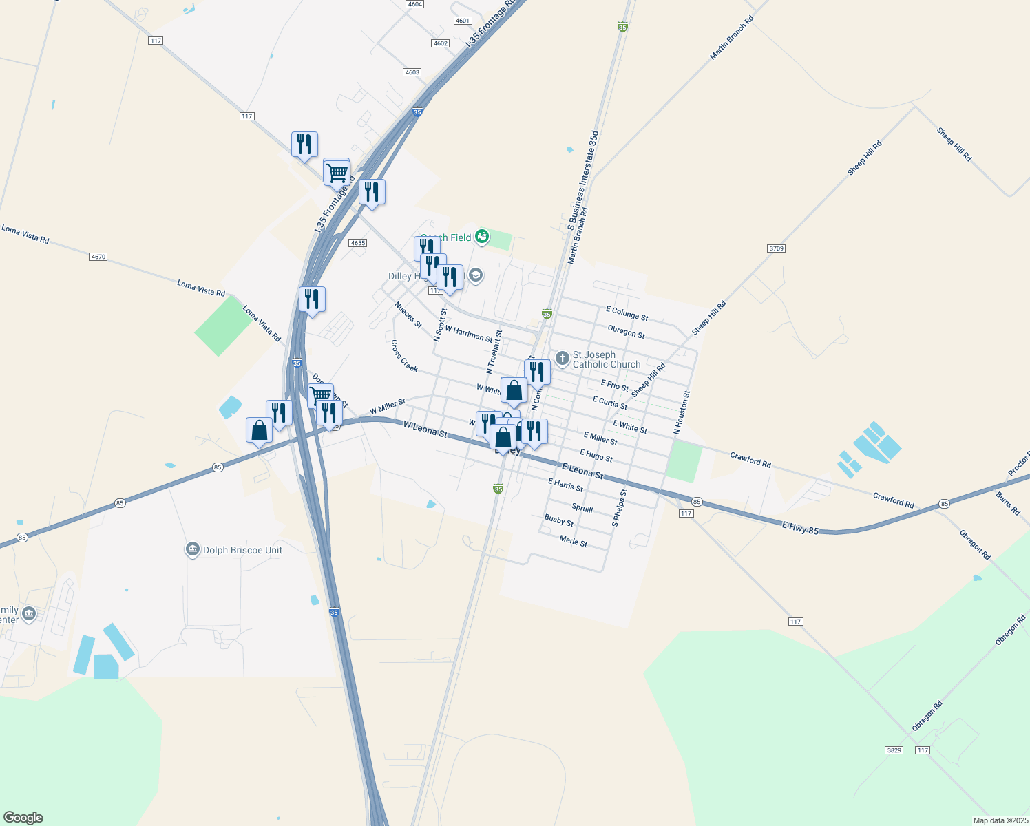 map of restaurants, bars, coffee shops, grocery stores, and more near 110 North Main Street in Dilley