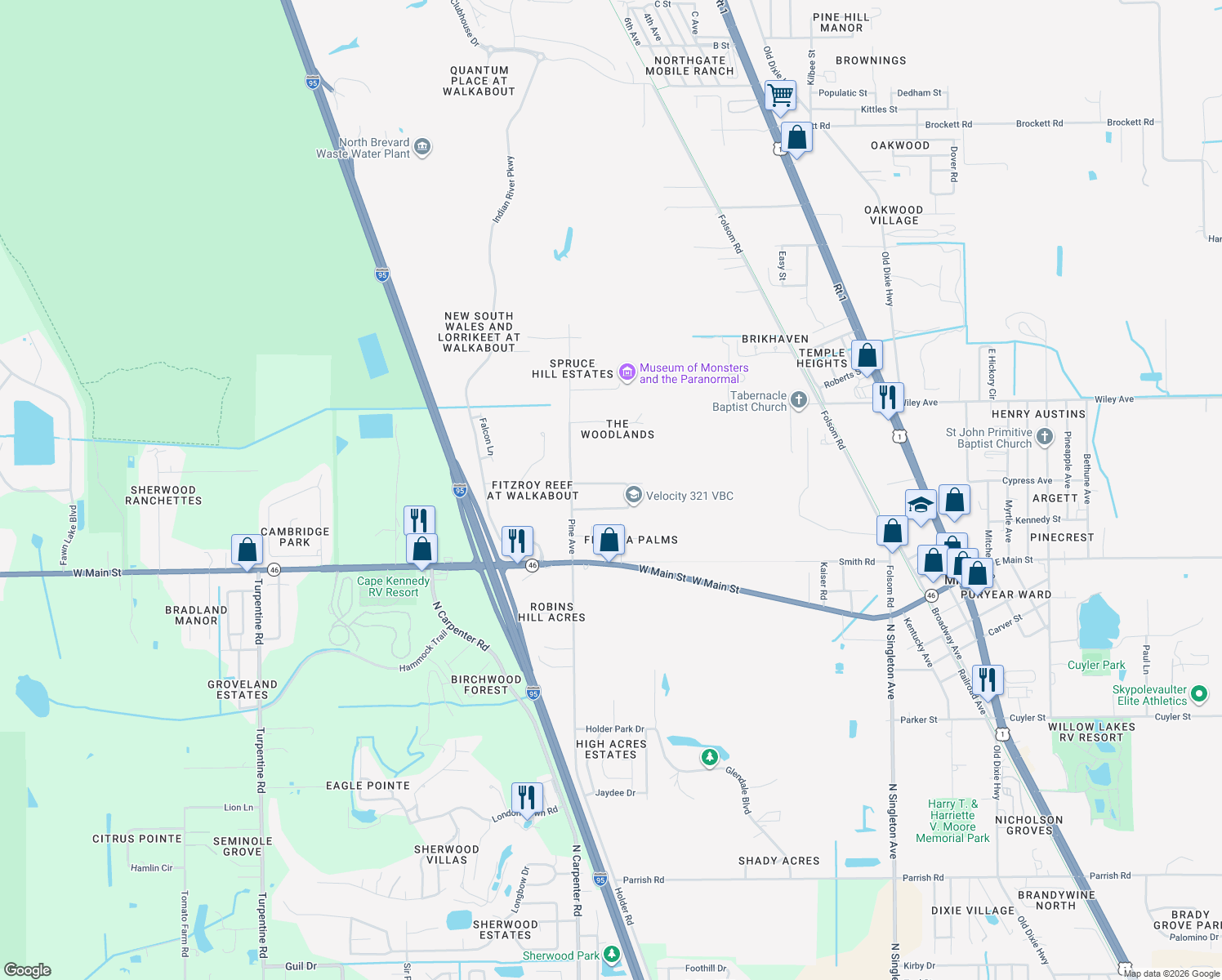 map of restaurants, bars, coffee shops, grocery stores, and more near 4103 Black Gum Drive in Mims