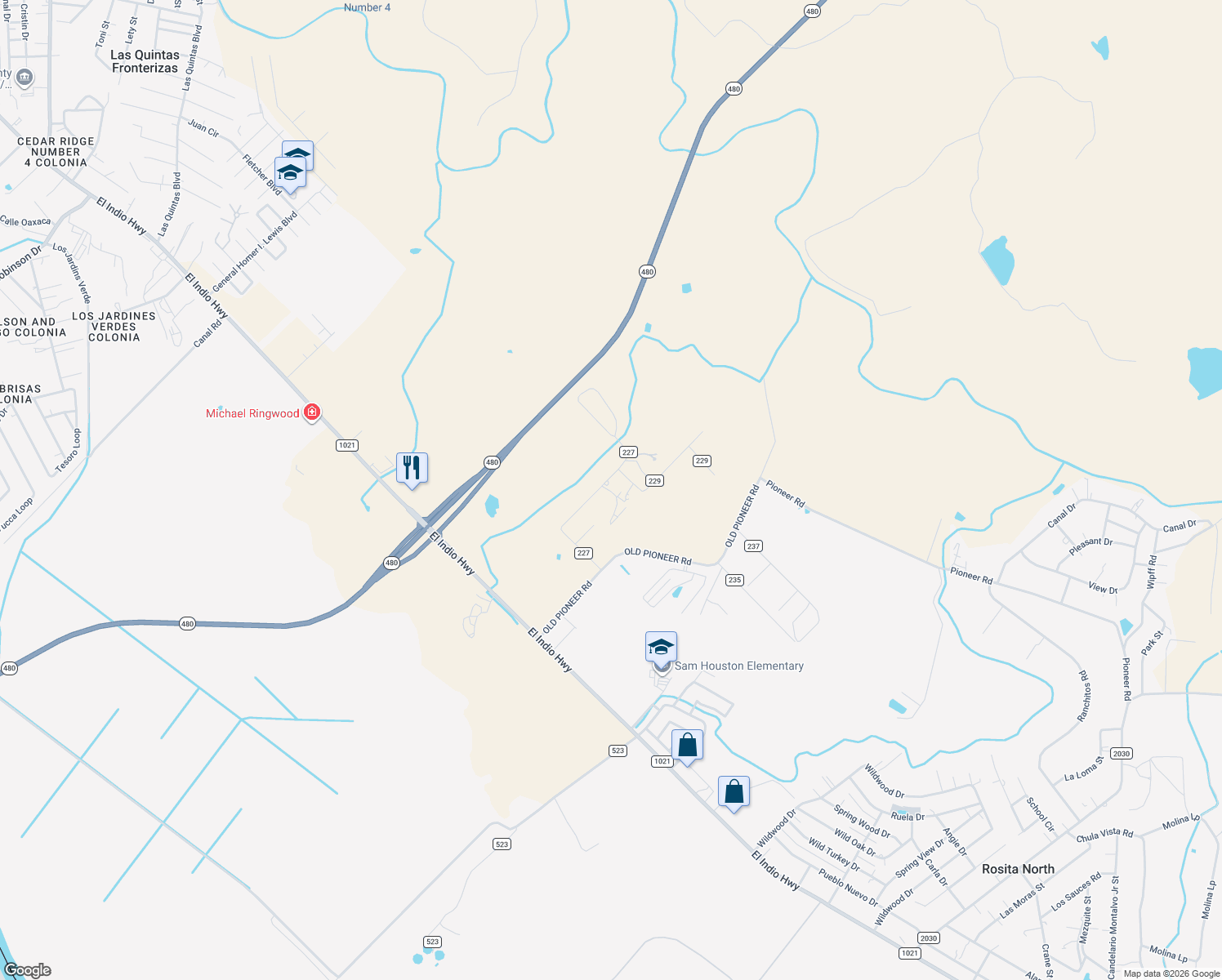 map of restaurants, bars, coffee shops, grocery stores, and more near 396 County Road 227 in Eagle Pass