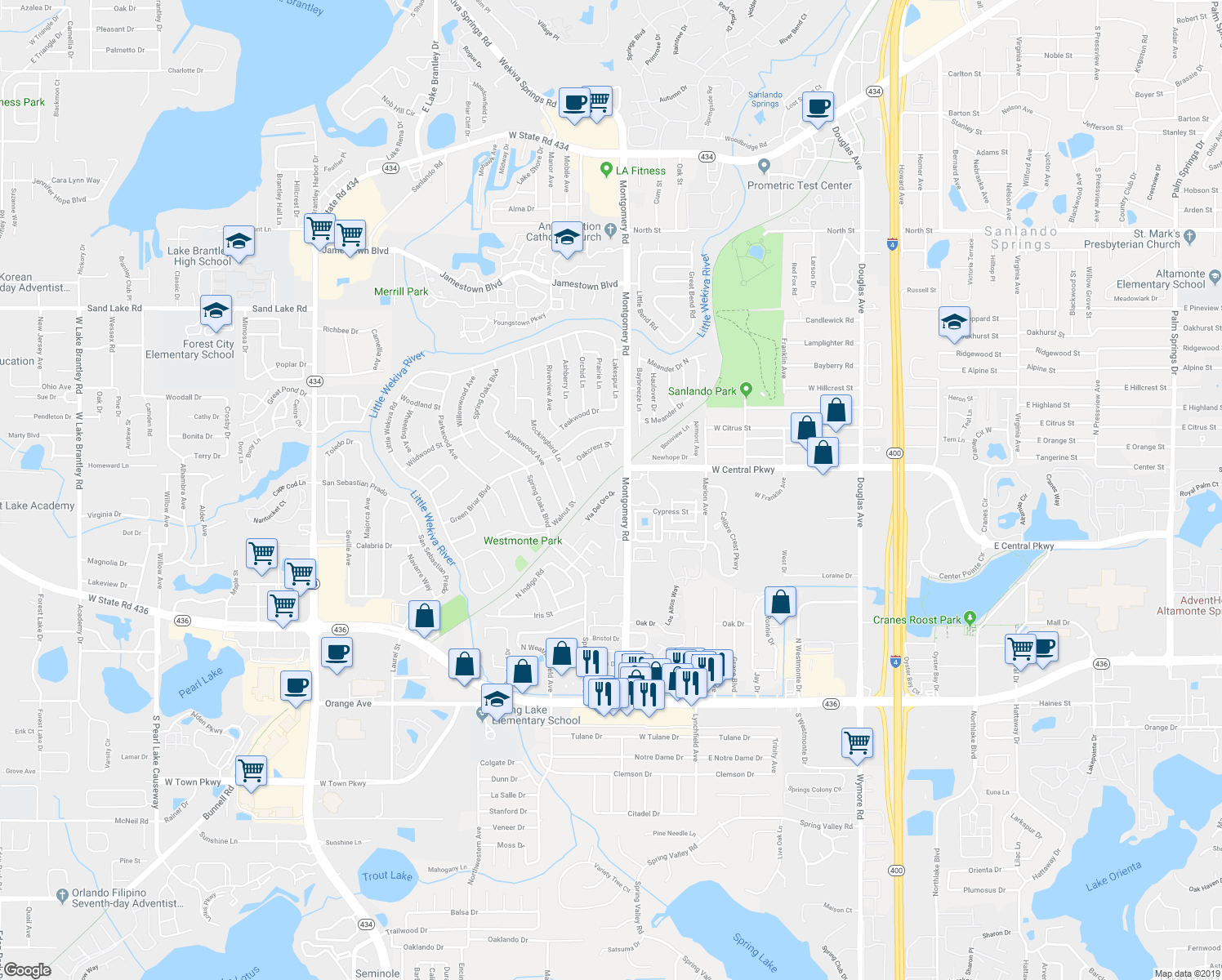 map of restaurants, bars, coffee shops, grocery stores, and more near 550 Via Del Oro Drive in Altamonte Springs