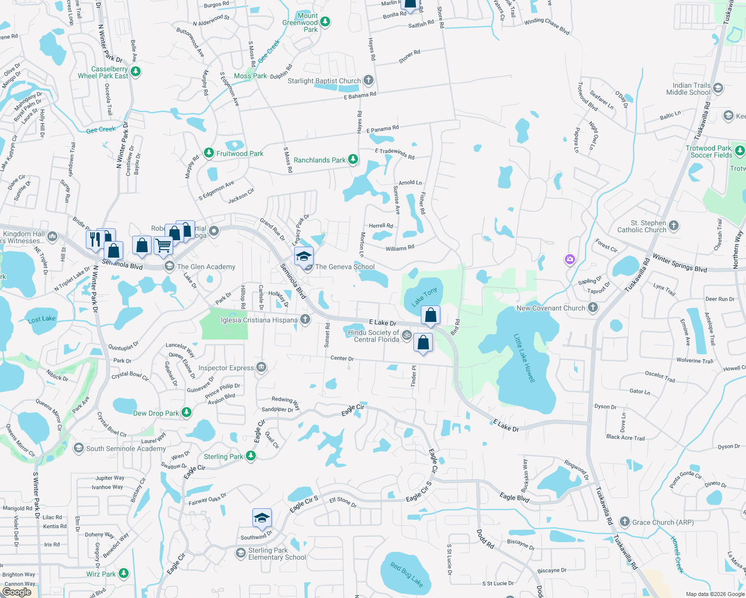 map of restaurants, bars, coffee shops, grocery stores, and more near 1941 Vienna Drive in Casselberry