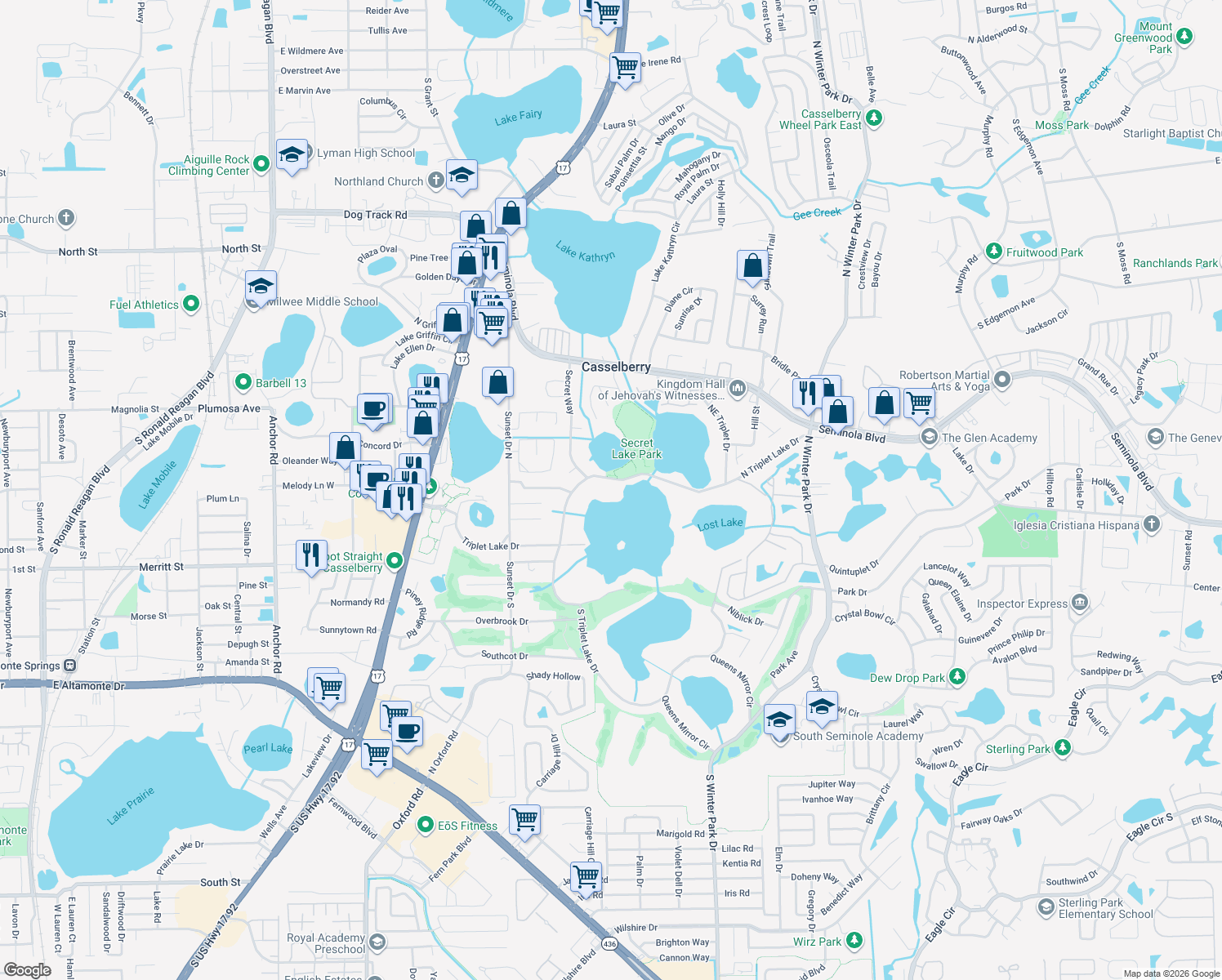 map of restaurants, bars, coffee shops, grocery stores, and more near 151 North Triplet Lake Drive in Casselberry