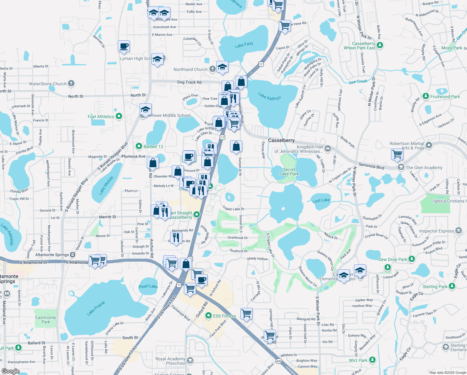 map of restaurants, bars, coffee shops, grocery stores, and more near 151 Quail Pond Circle in Casselberry