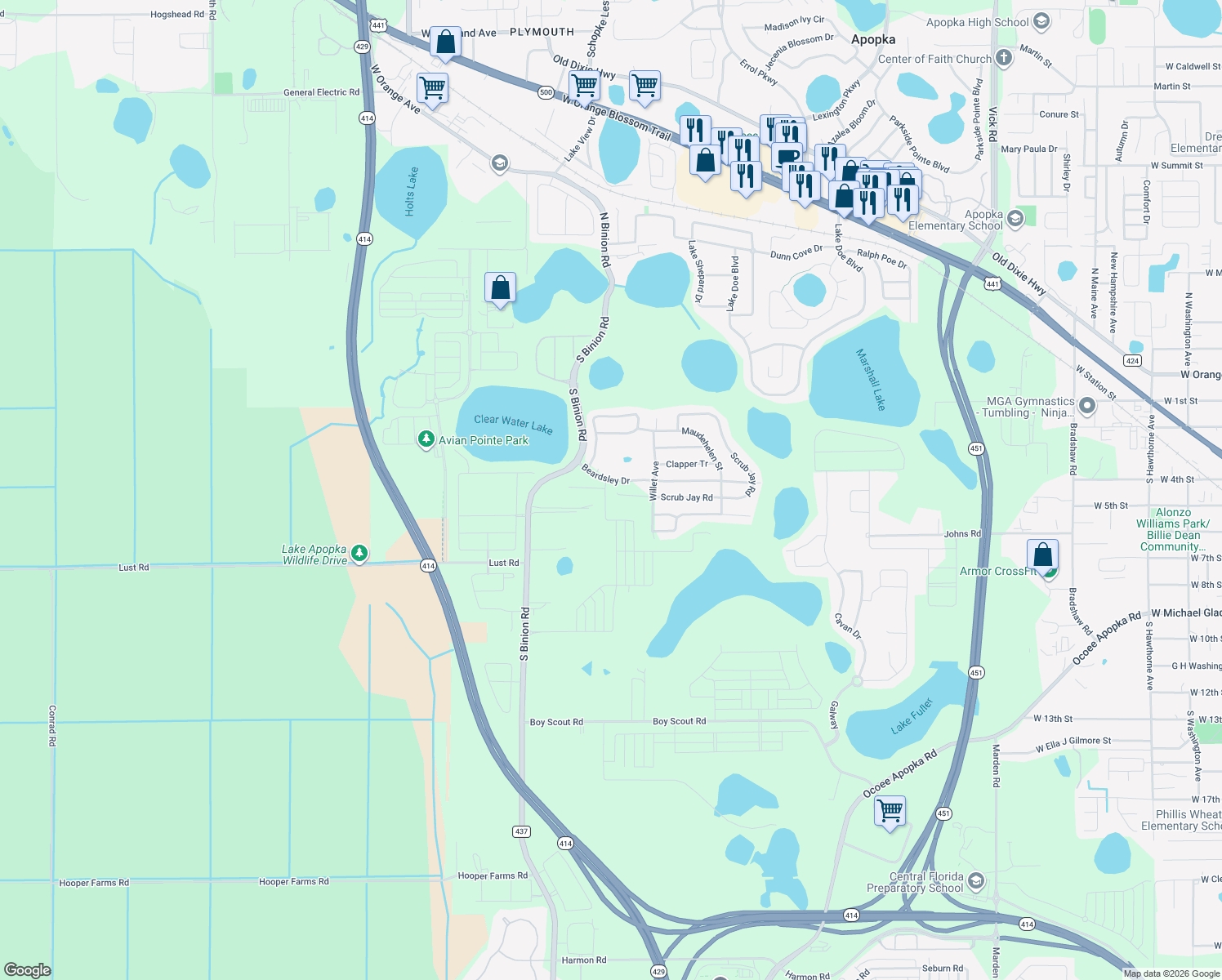 map of restaurants, bars, coffee shops, grocery stores, and more near 2250 Scrub Jay Road in Apopka