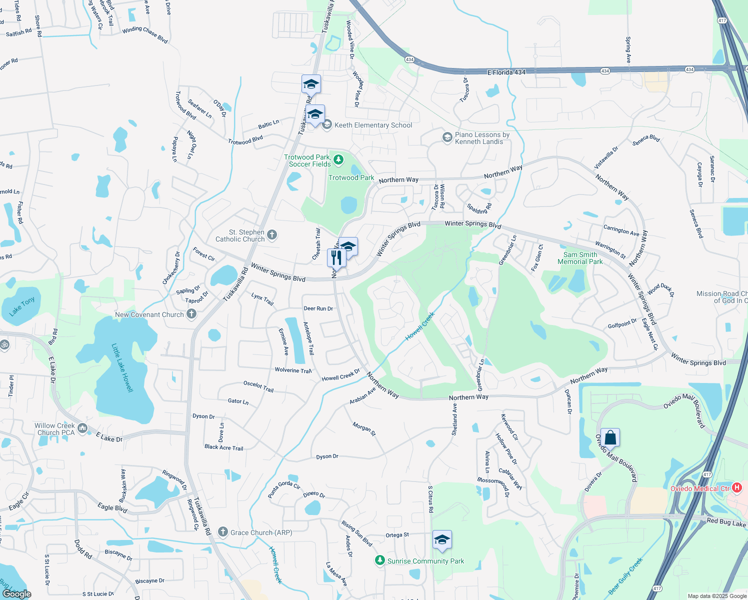 map of restaurants, bars, coffee shops, grocery stores, and more near 1018 West Pebble Beach Circle in Winter Springs