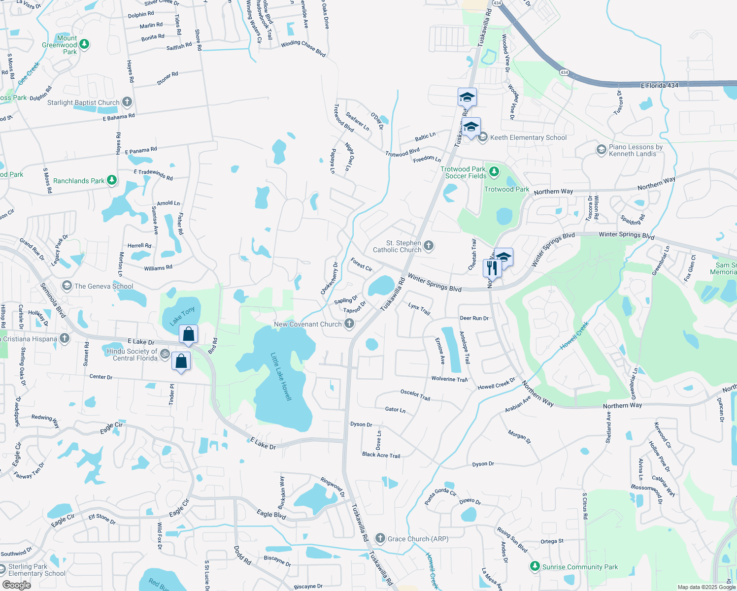 map of restaurants, bars, coffee shops, grocery stores, and more near 924 Oak Forest Drive in Winter Springs