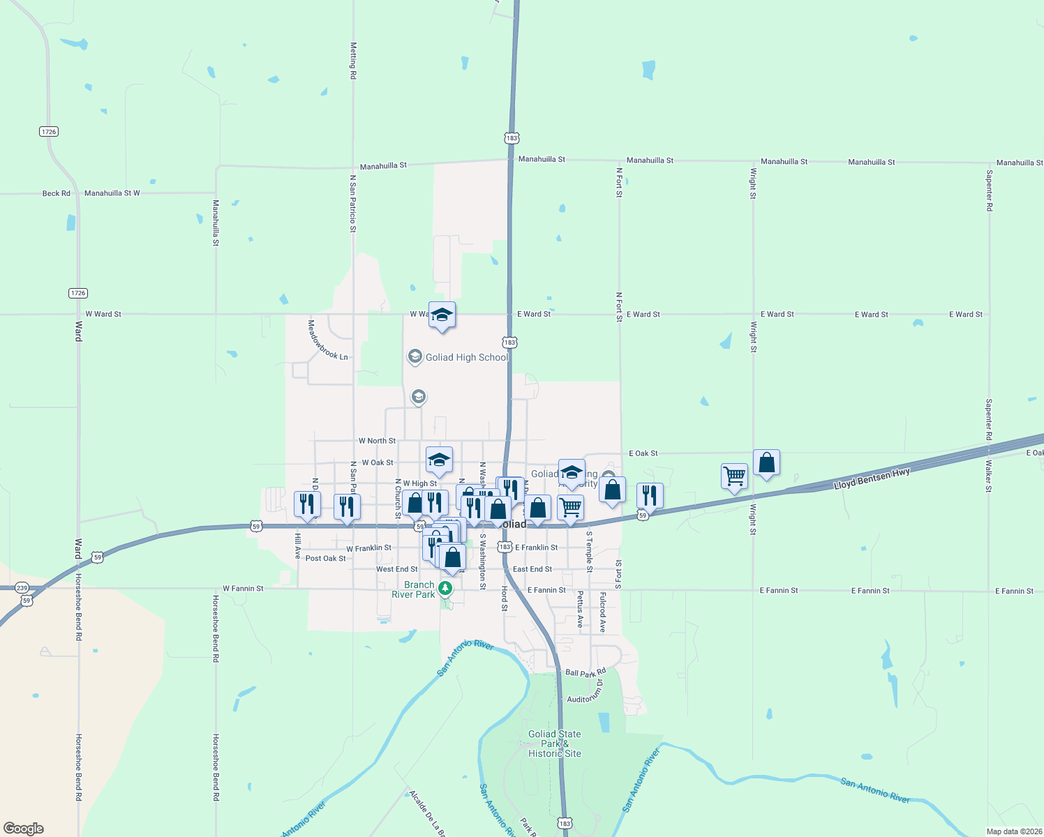 map of restaurants, bars, coffee shops, grocery stores, and more near 608 North Duval Street in Goliad