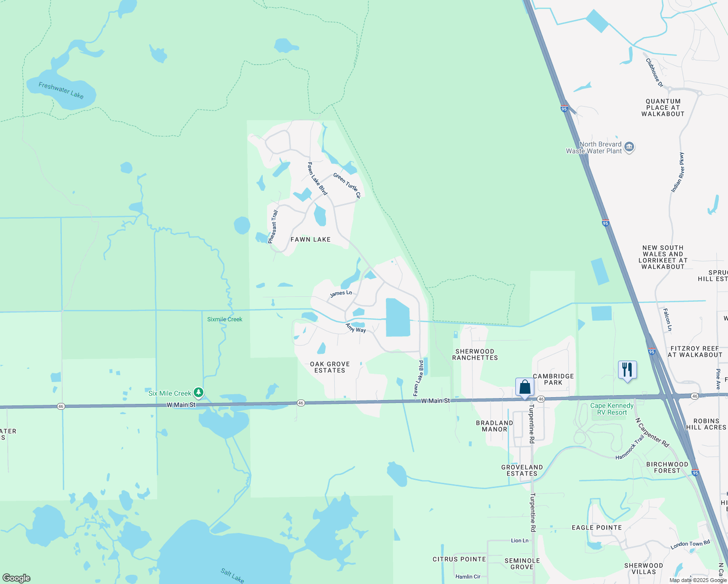 map of restaurants, bars, coffee shops, grocery stores, and more near 5480 Amy Way in Mims