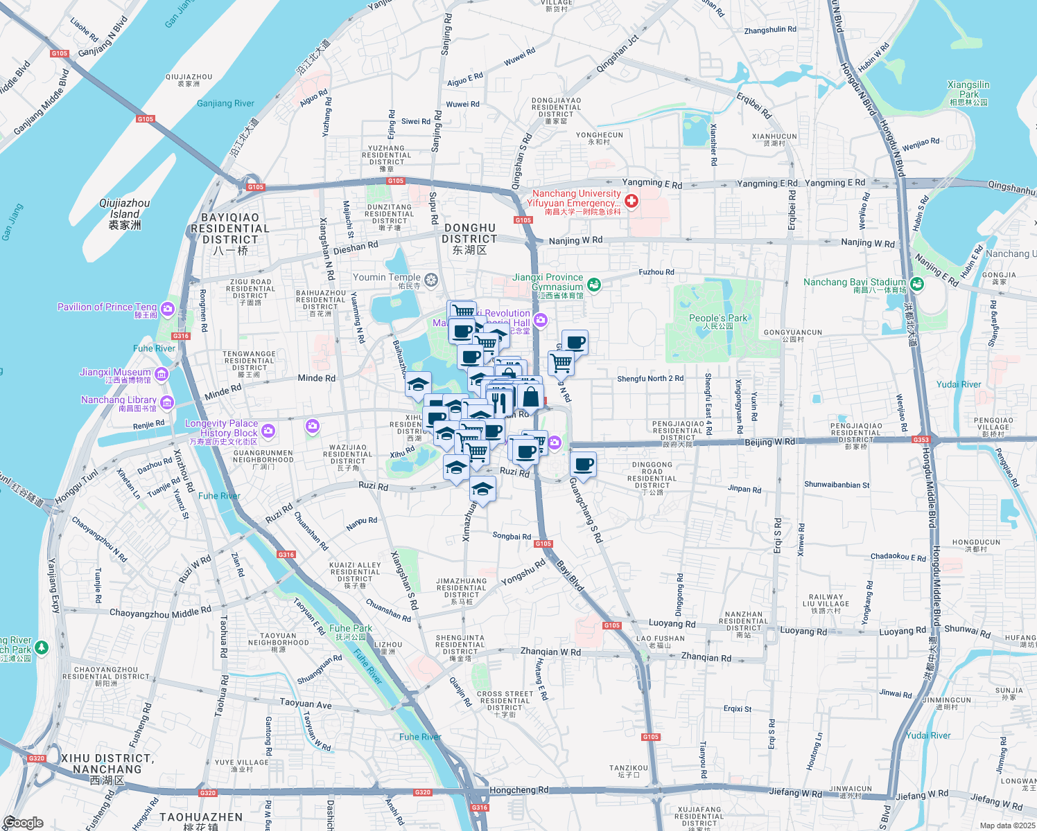 map of restaurants, bars, coffee shops, grocery stores, and more near 12 Zhong Shan Lu in Nan Chang Shi