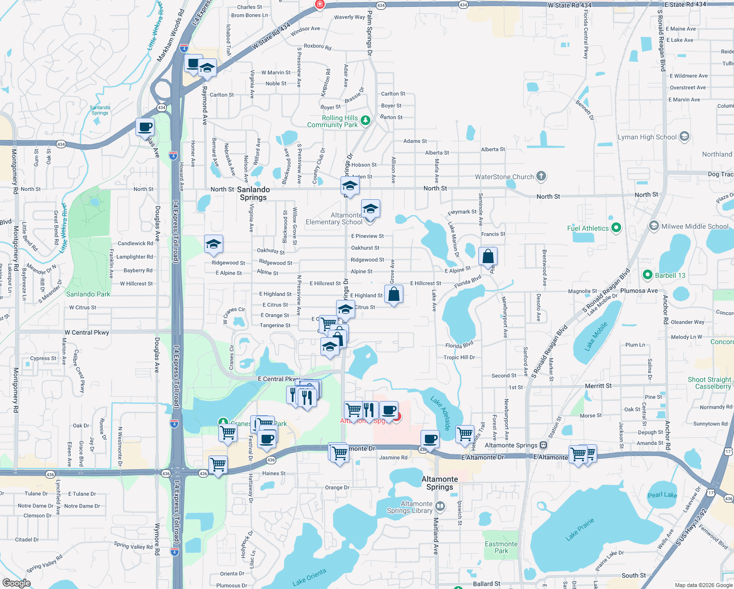 map of restaurants, bars, coffee shops, grocery stores, and more near 535 East Highland Street in Altamonte Springs