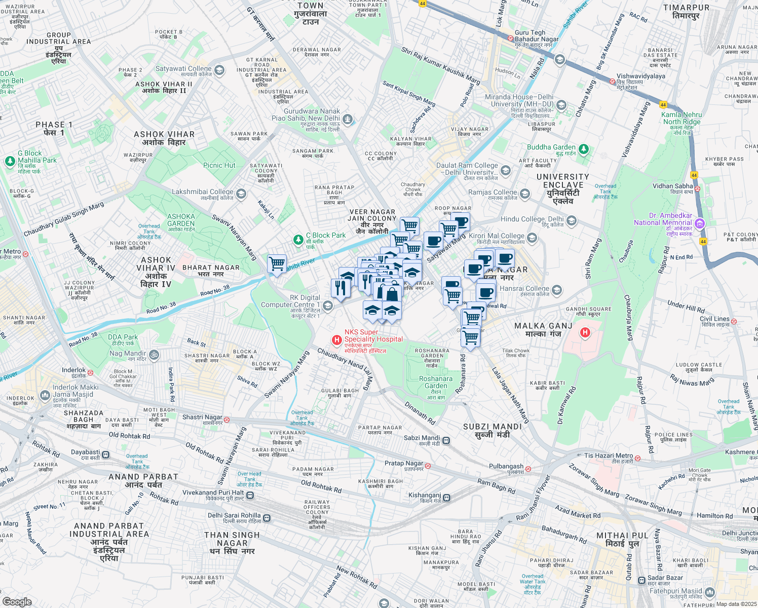 map of restaurants, bars, coffee shops, grocery stores, and more near Nangia Park Chowk in Delhi