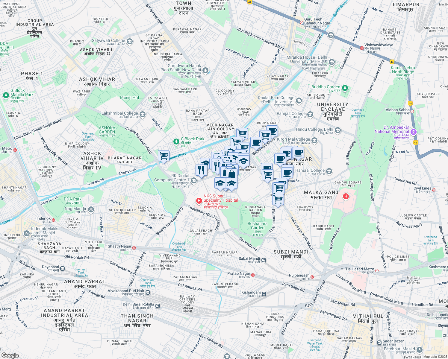 map of restaurants, bars, coffee shops, grocery stores, and more near Nangia Park Chowk in Delhi